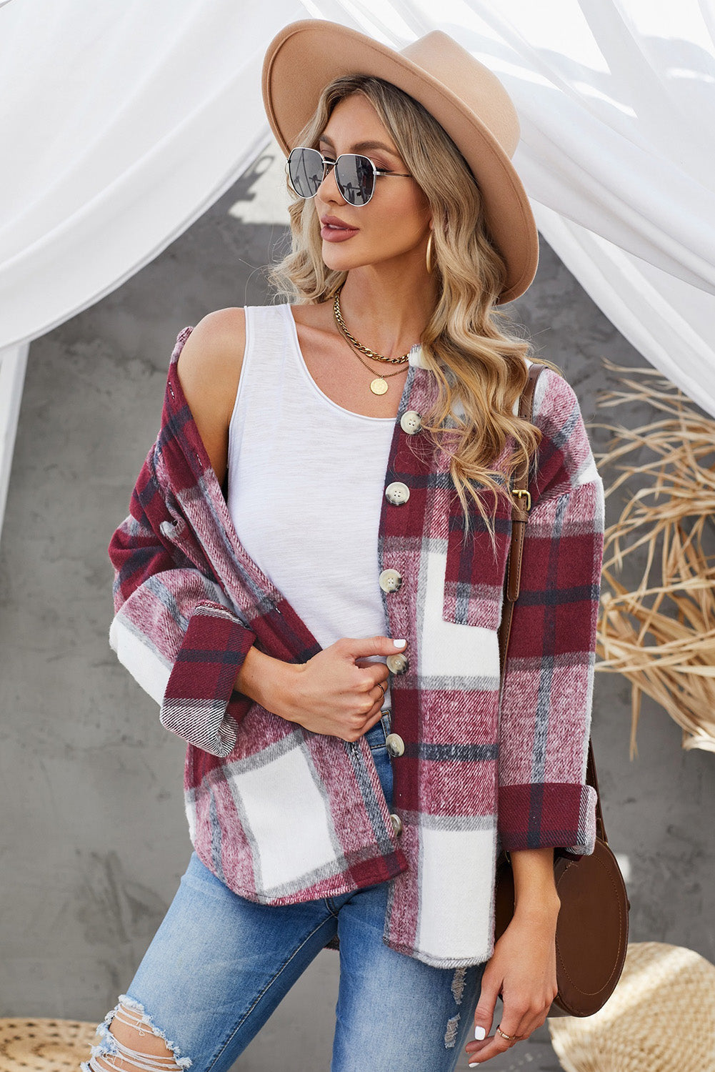 Plaid Button Up Dropped Shoulder Jacket - Tantalize Boutique