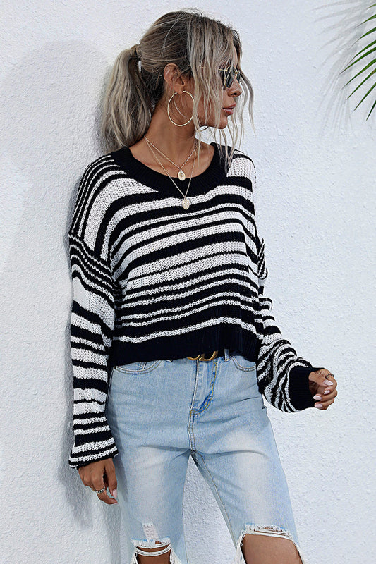 Striped Round Neck Dropped Shoulder Sweater - Tantalize Boutique