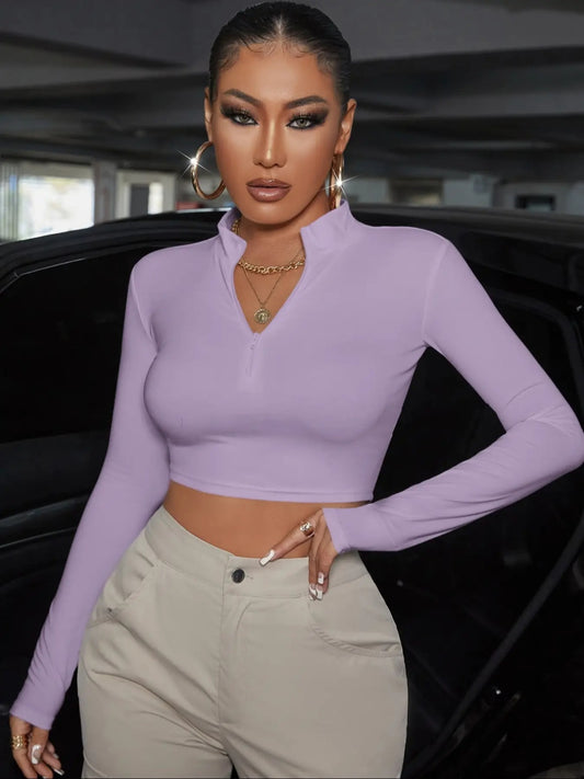 Half Zip Long Sleeve Cropped T-Shirt - Tantalize Boutique