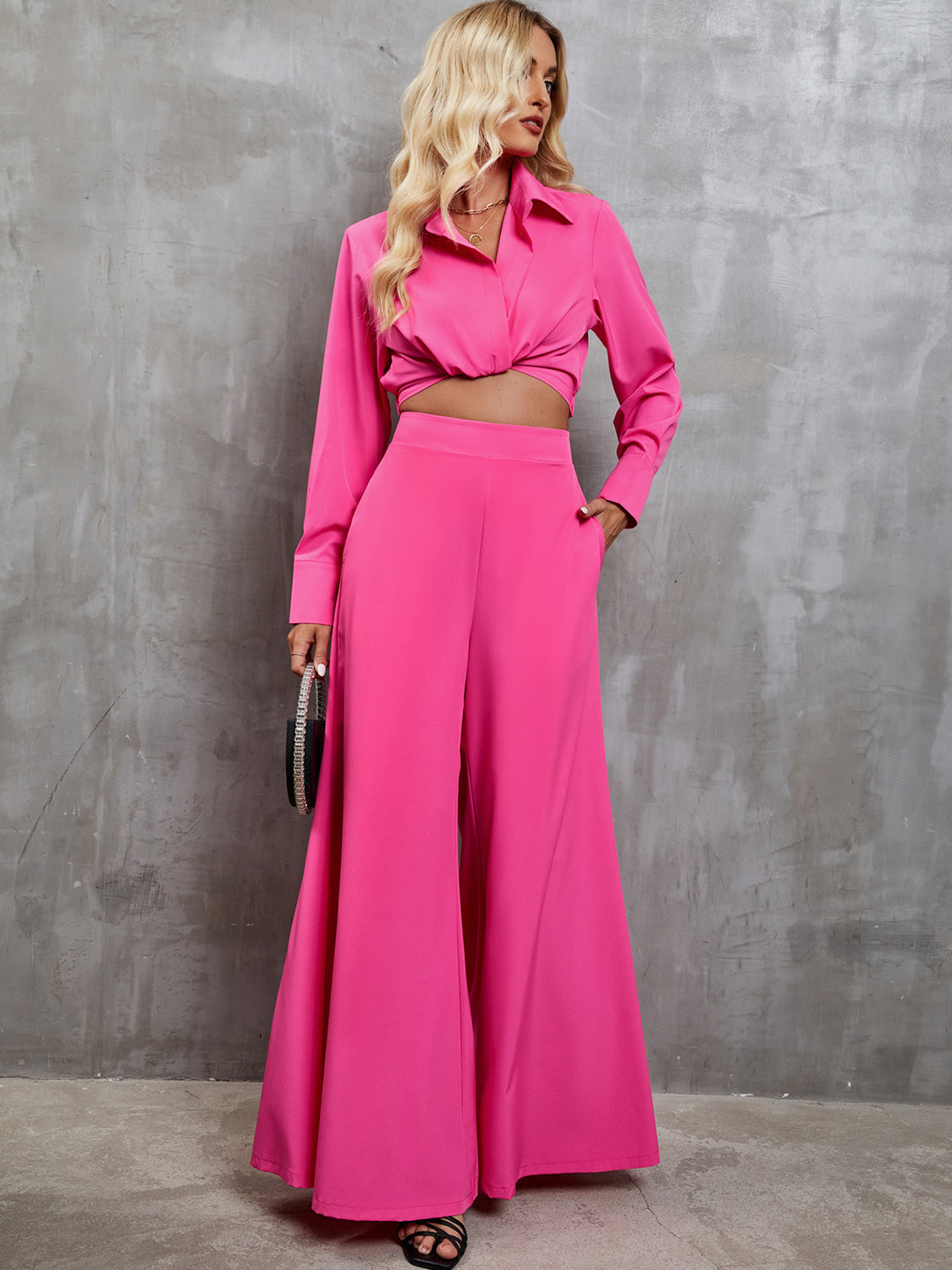 Collared Neck Long Sleeve Top and Wide Leg Pants Set - Tantalize Boutique