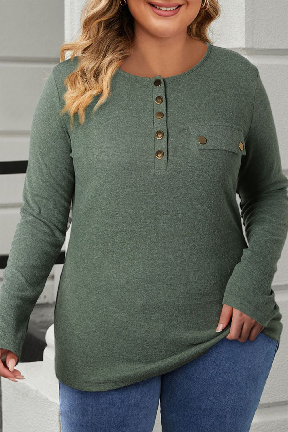 Plus Size Half Snap Long Sleeve T-Shirt - Tantalize Boutique