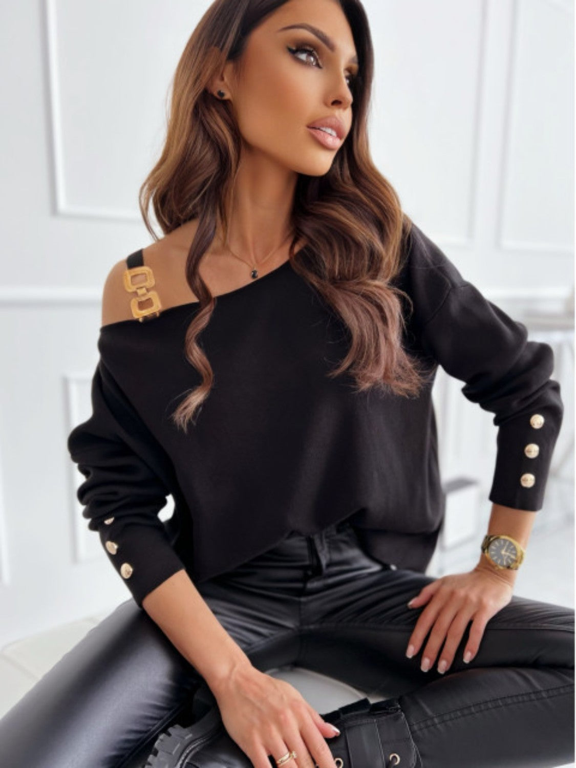 Asymmetrical Neck Buttoned Top - Tantalize Boutique