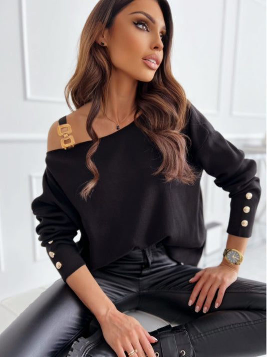Asymmetrical Neck Buttoned Top - Tantalize Boutique