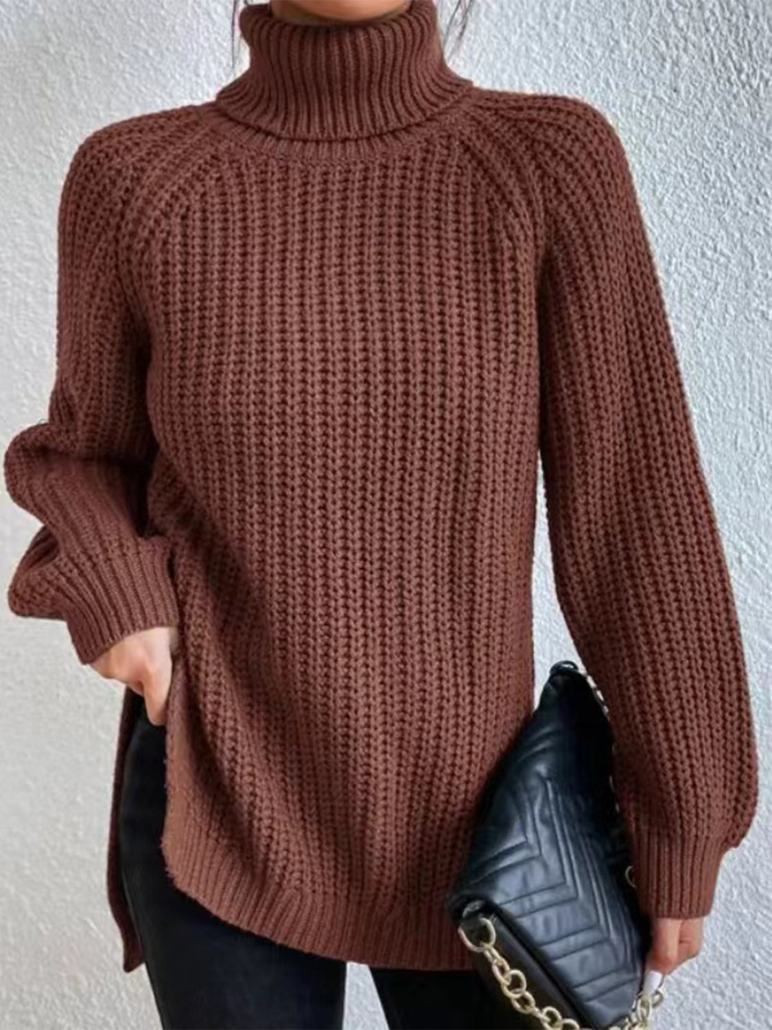 Full Size Turtleneck Rib-Knit Slit Sweater - Tantalize Boutique