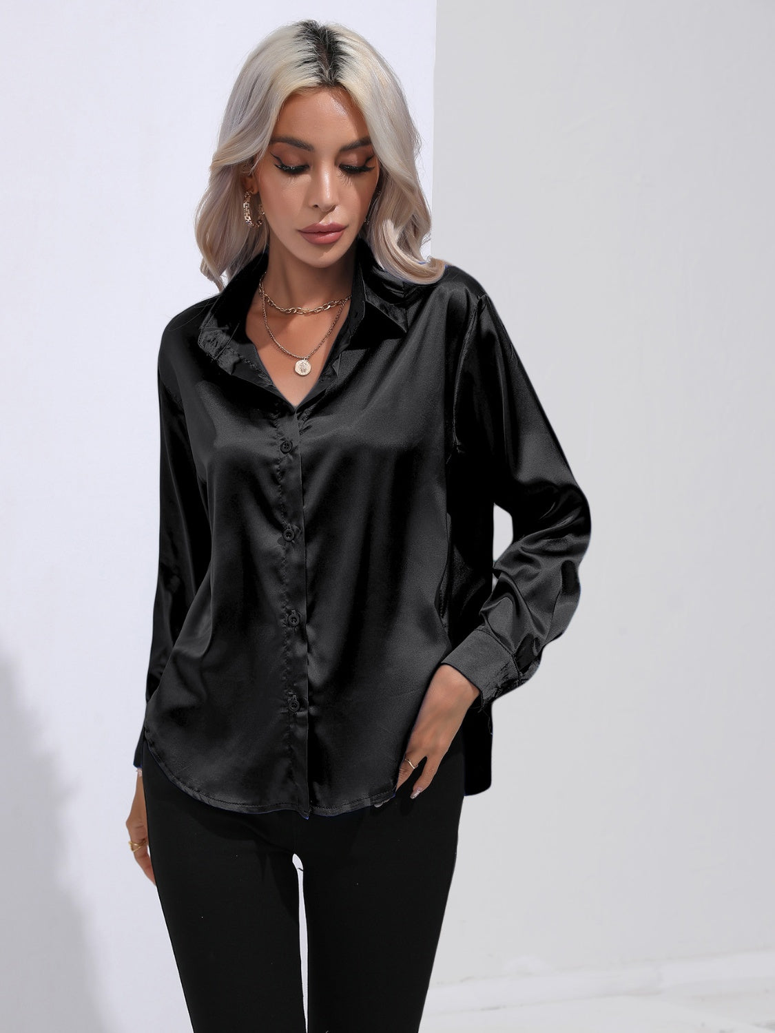 Collared Neck Buttoned Long Sleeve Shirt - Tantalize Boutique
