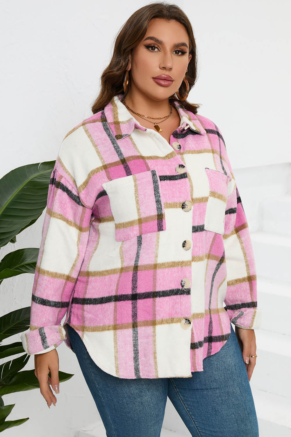 Plaid Button Up Dropped Shoulder Jacket - Tantalize Boutique