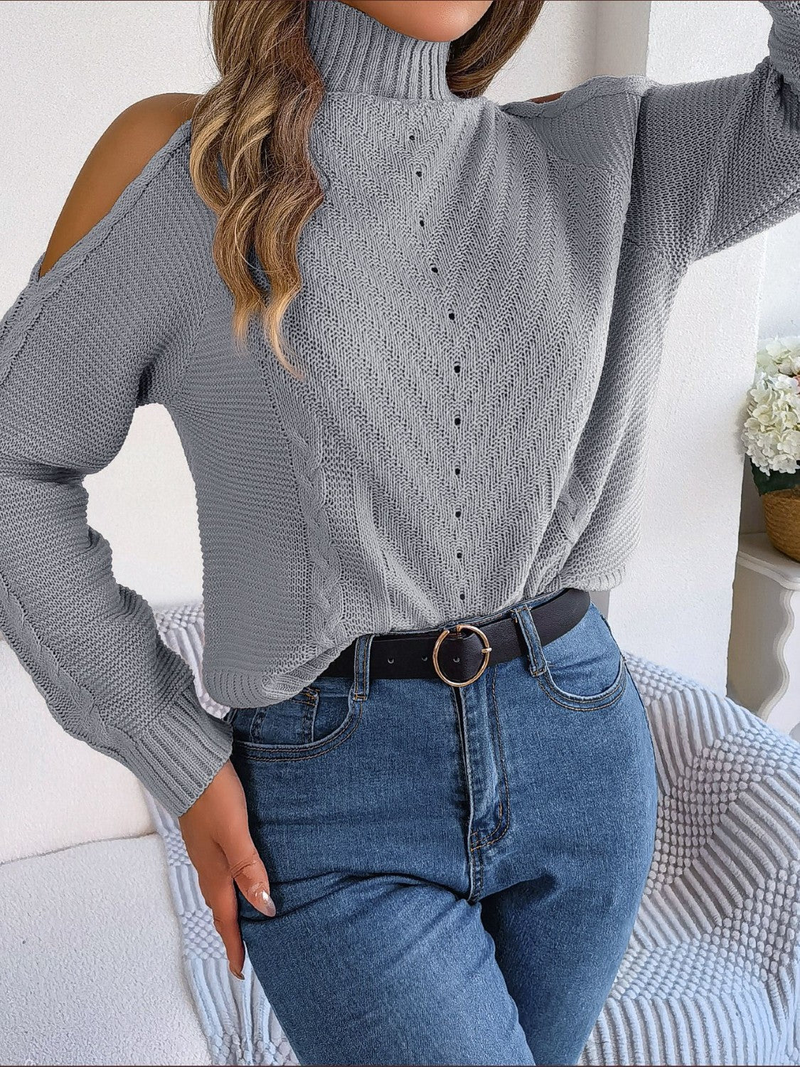 Cable-Knit Turtleneck Cold Shoulder Sweater - Tantalize Boutique