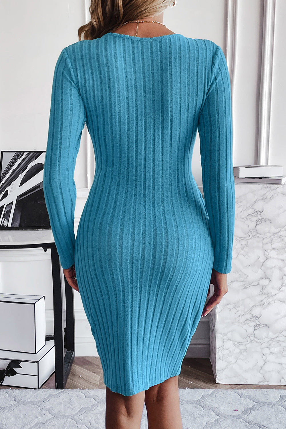 Ribbed Tied Long Sleeve Wrap Dress - Tantalize Boutique