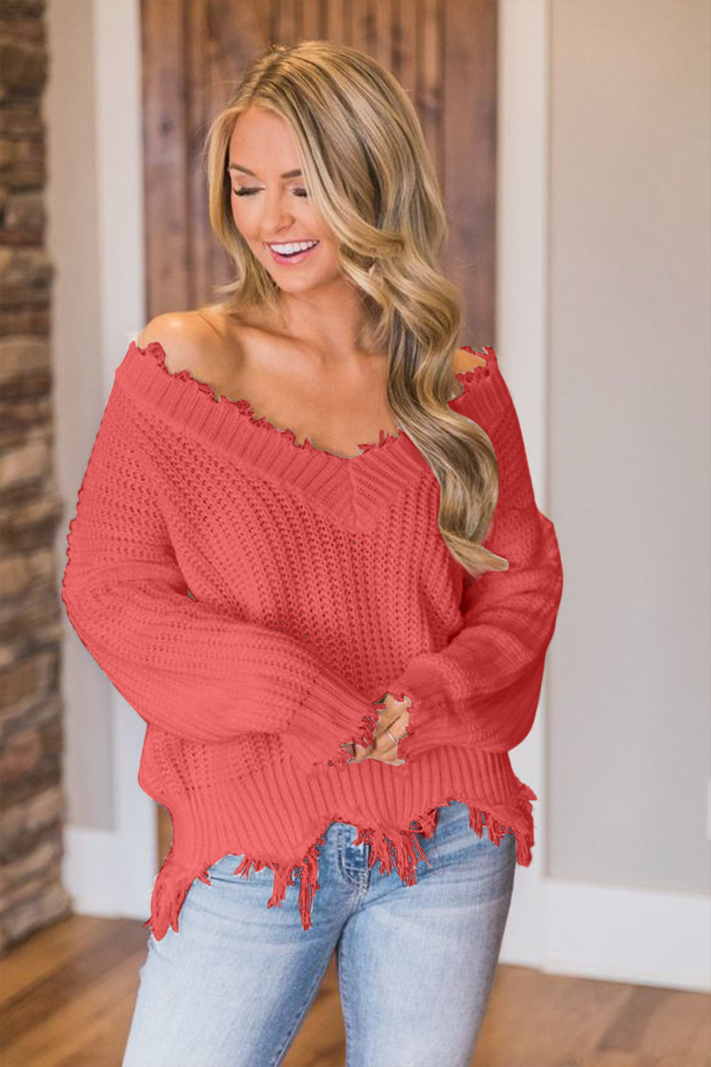 Frayed Hem Dropped Shoulder Sweater - Tantalize Boutique