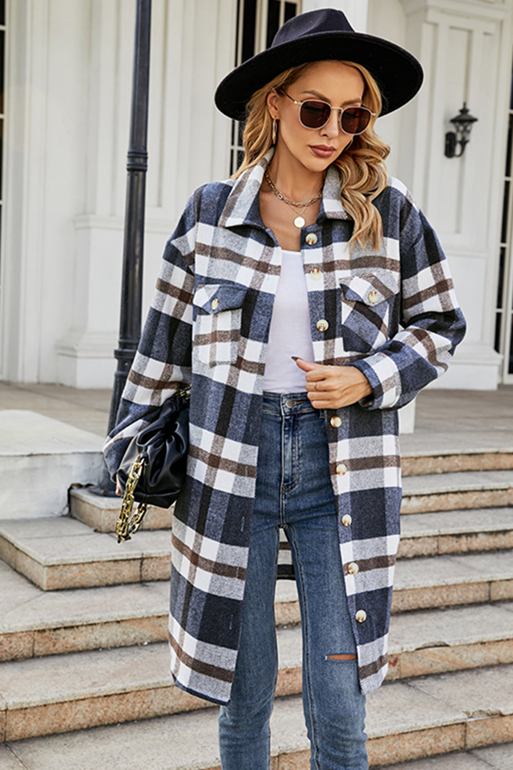 Plaid Button Up Collared Neck Coat with Pockets - Tantalize Boutique