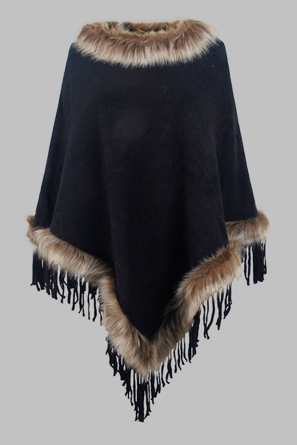 Faux Fur Trim Fringed Poncho - Tantalize Boutique