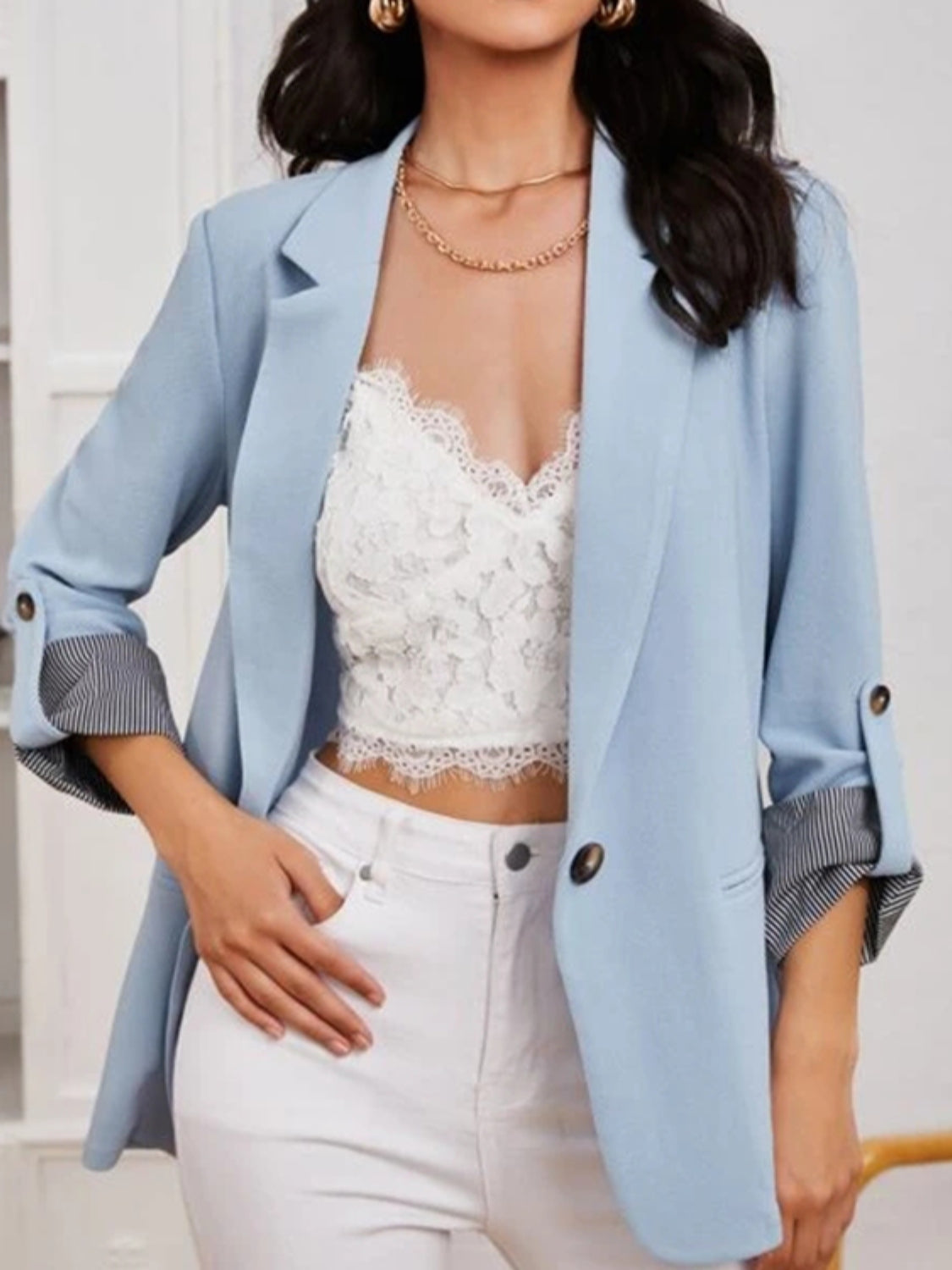 Lapel Collar Roll-Tab Sleeve Blazer - Tantalize Boutique