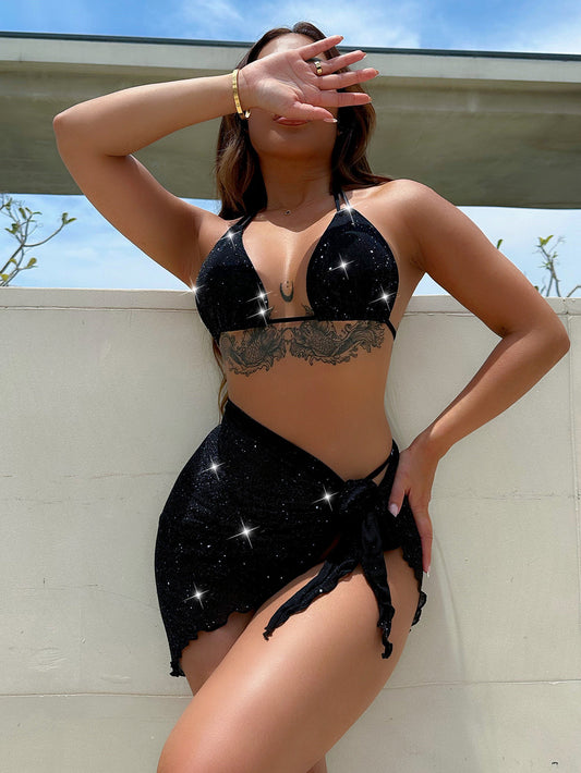 Glitter Halter Neck Backless Three-Piece Swim Set - Tantalize Boutique