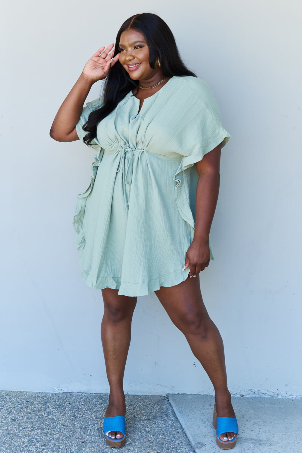 Ninexis Out Of Time Full Size Ruffle Hem Dress with Drawstring Waistband in Light Sage - Tantalize Boutique