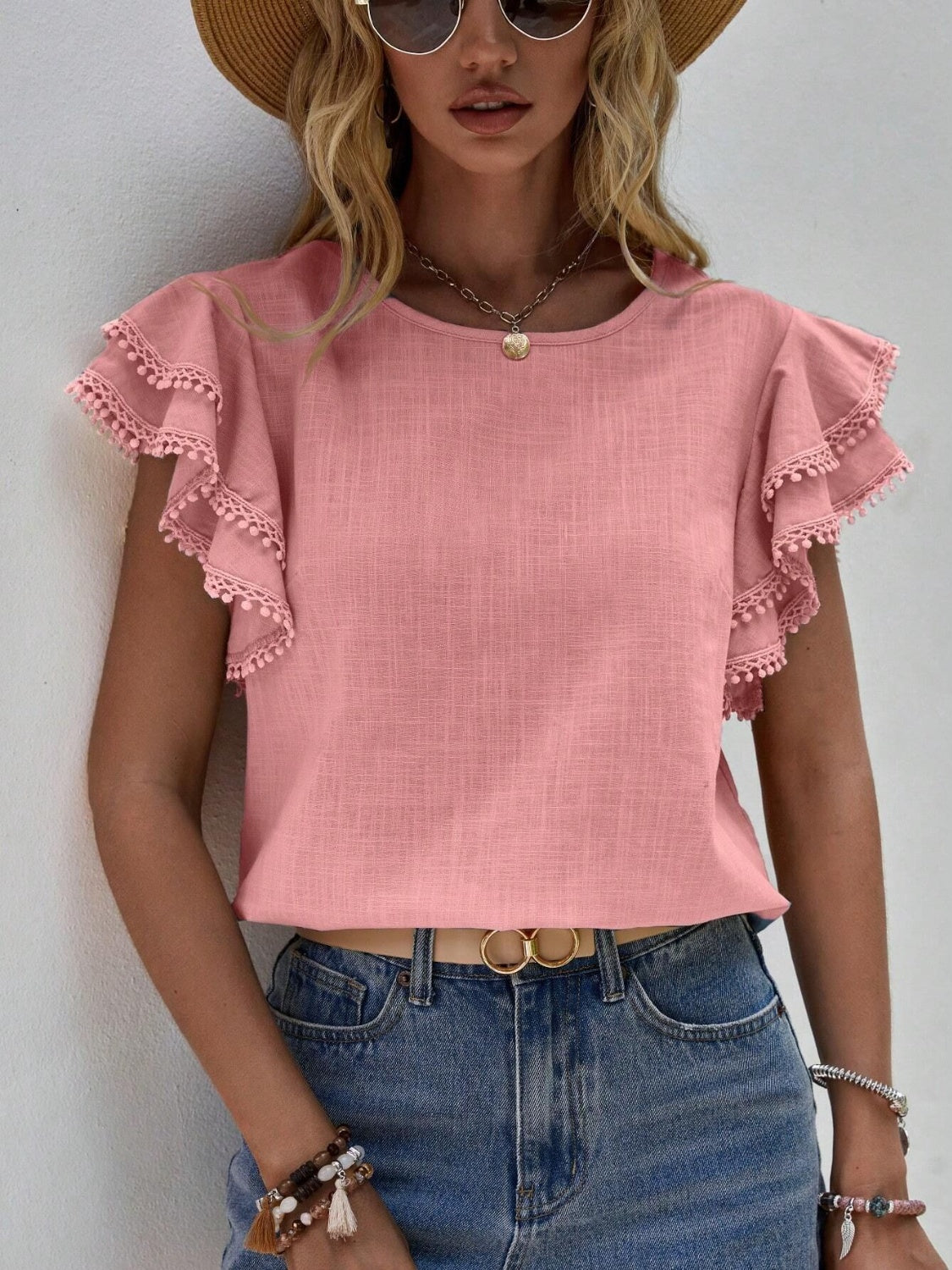 Ruffled Cap Sleeve Round Neck Blouse - Tantalize Boutique