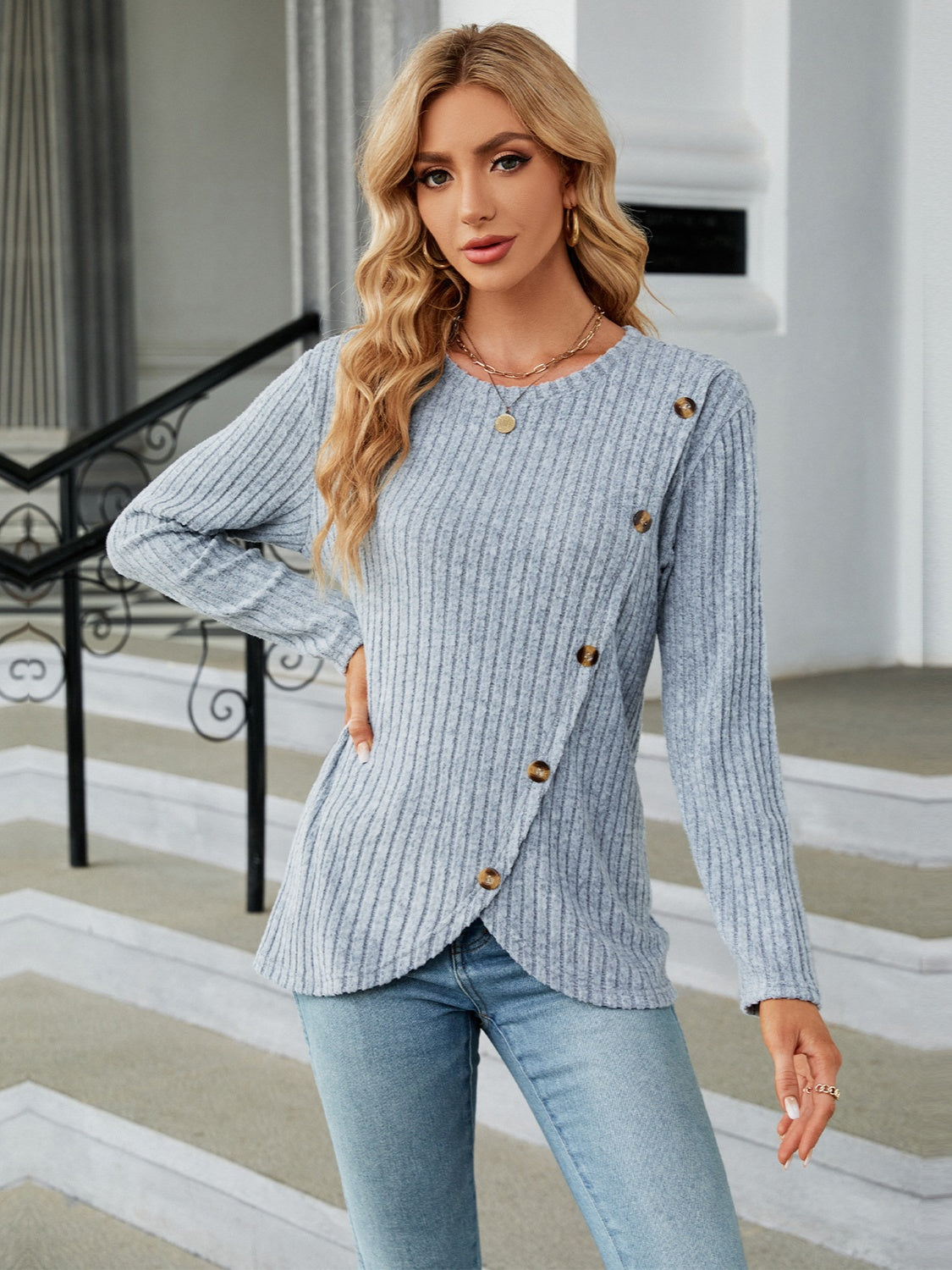 Round Neck Long Sleeve Blouse - Tantalize Boutique