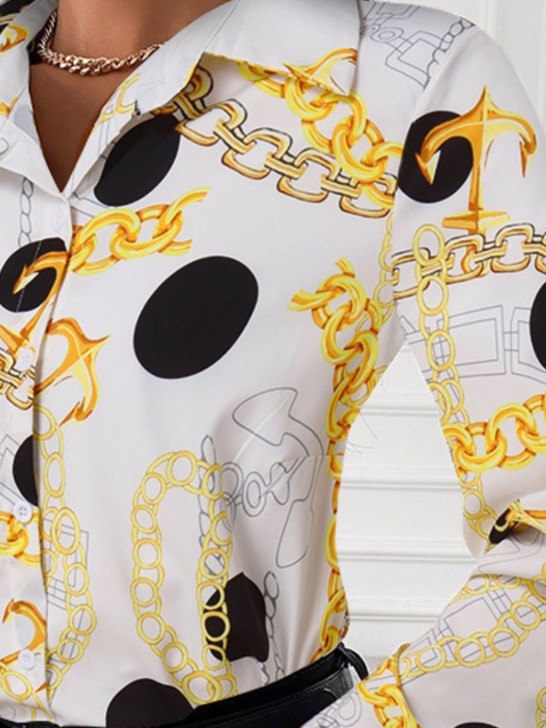 Printed Collared Neck Long Sleeve Shirt - Tantalize Boutique