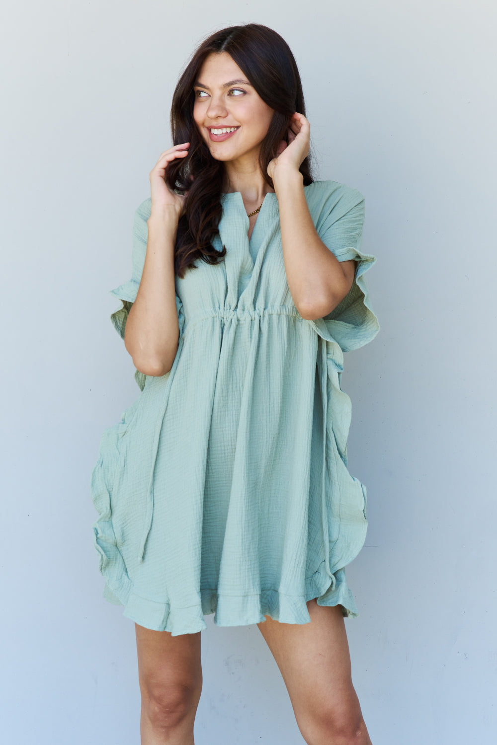 Ninexis Out Of Time Full Size Ruffle Hem Dress with Drawstring Waistband in Light Sage - Tantalize Boutique