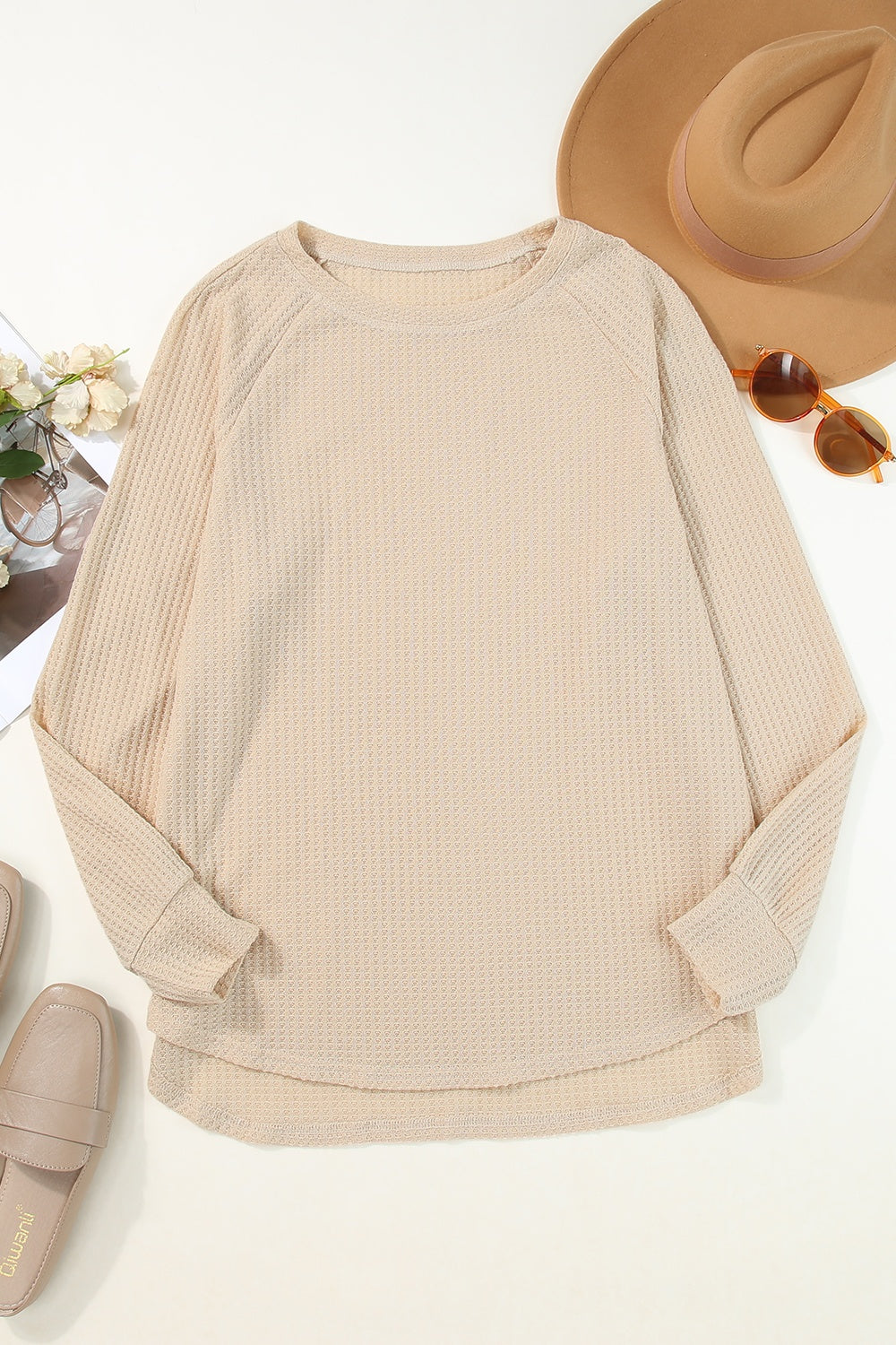 Texture Round Neck Long Sleeve Slit Top - Tantalize Boutique