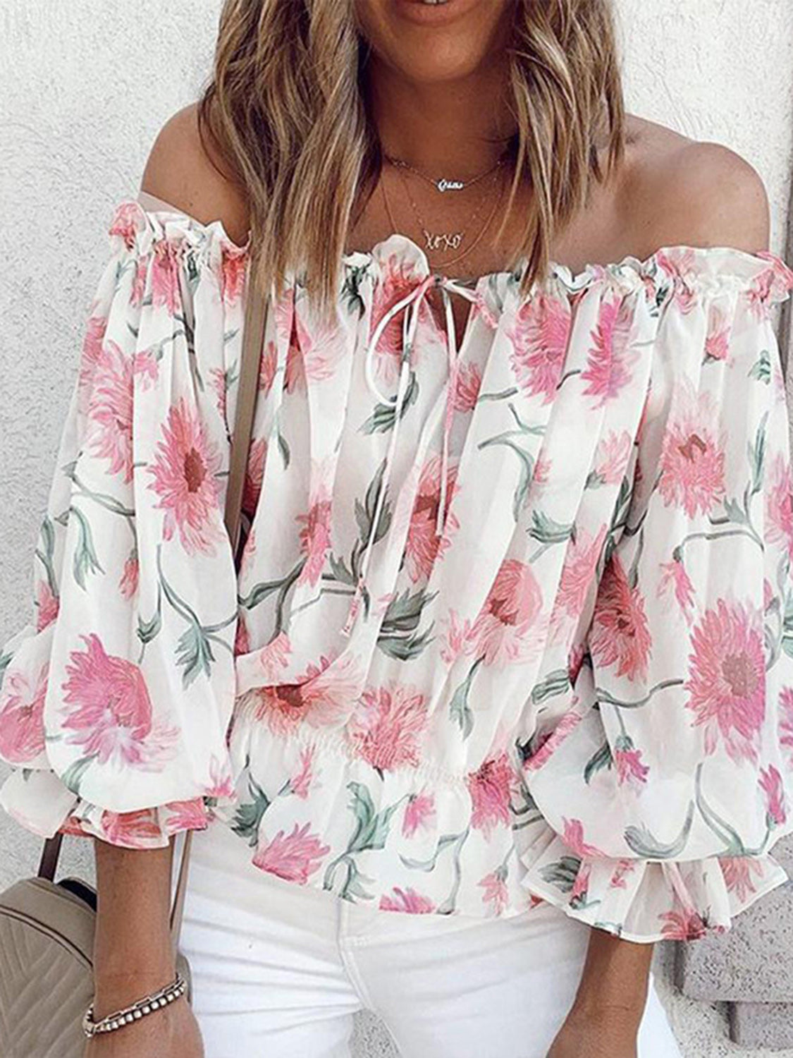 Floral Off-Shoulder Flounce Sleeve Blouse - Tantalize Boutique