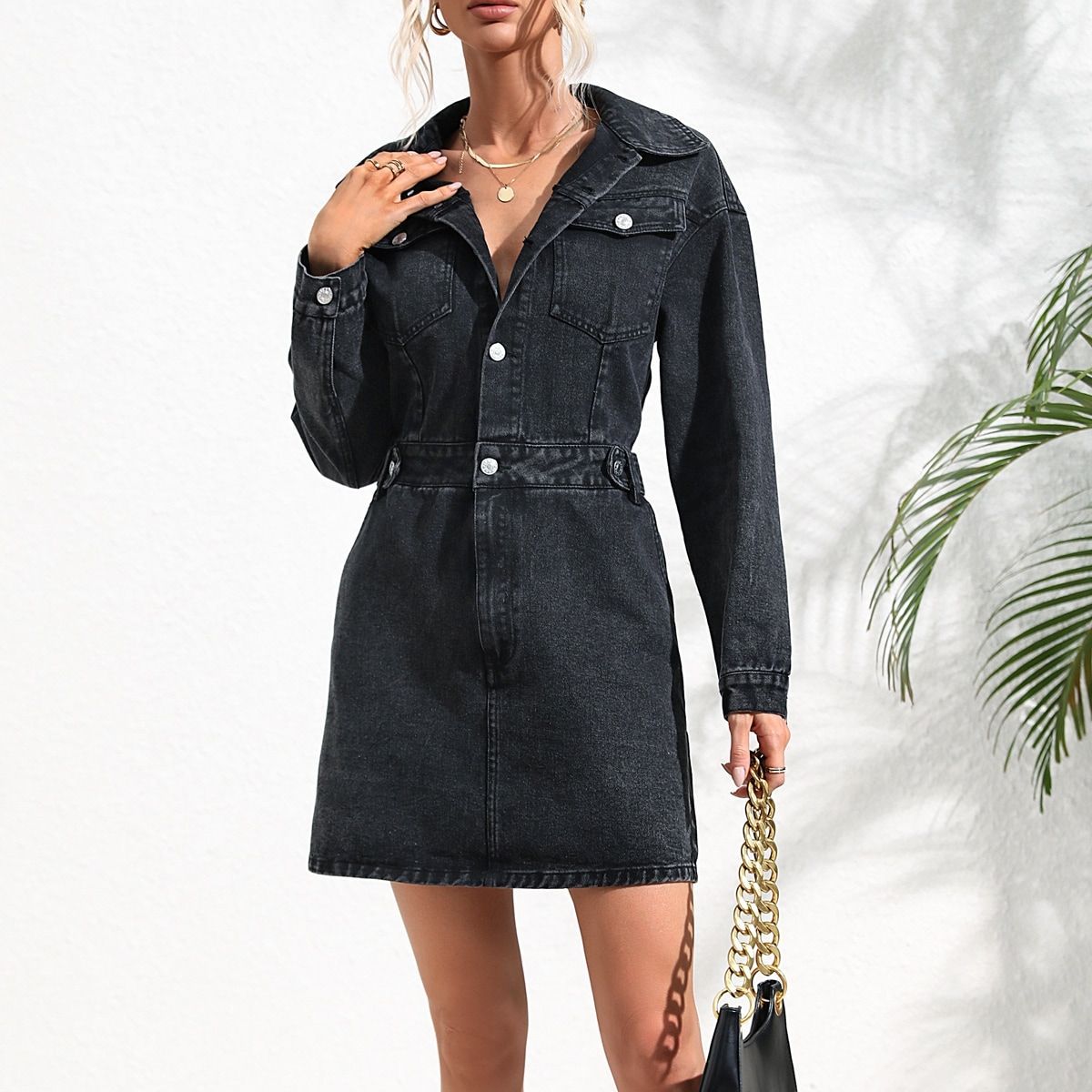 Buttoned Collared Neck Denim Mini Dress - Tantalize Boutique
