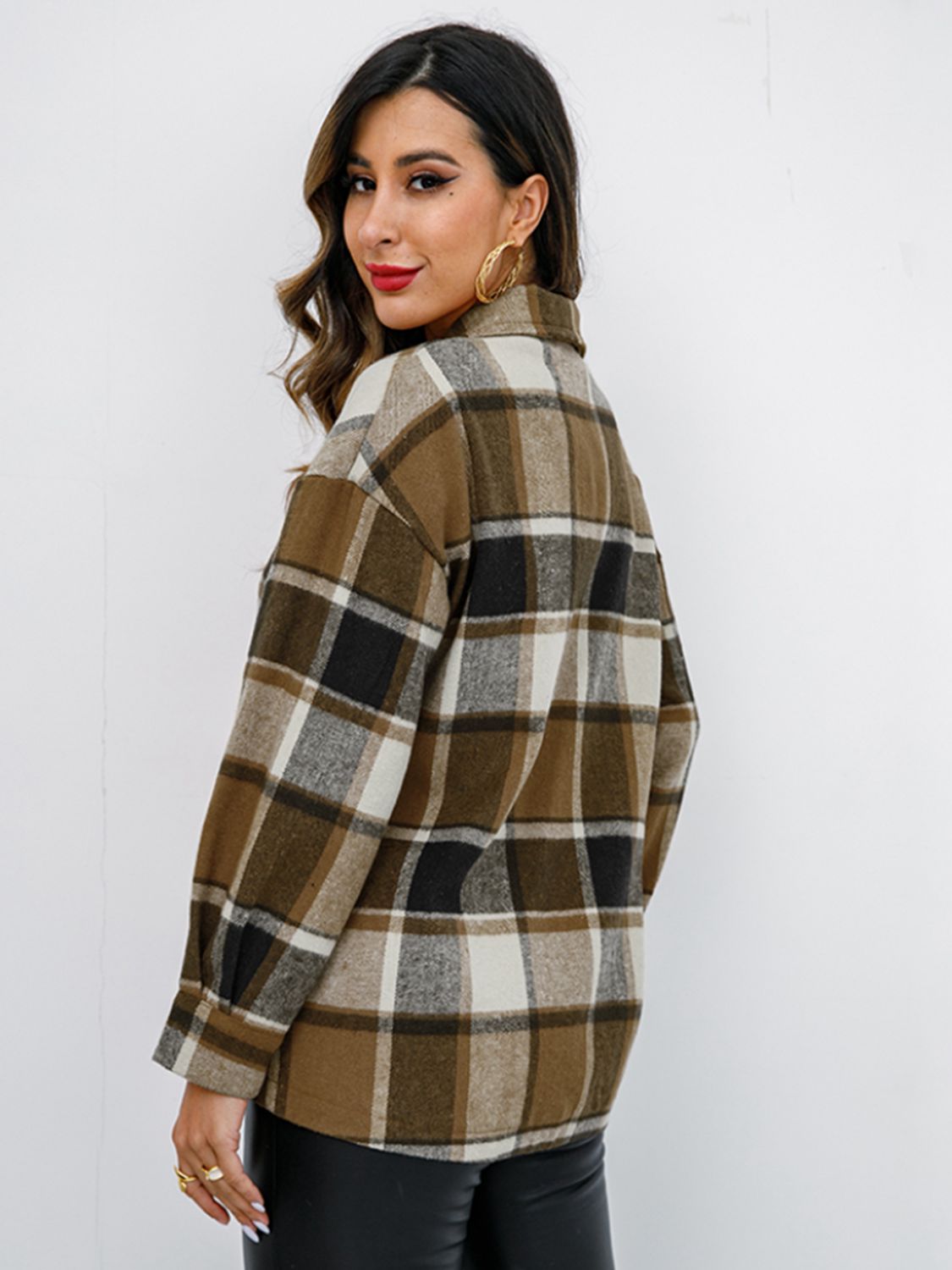 Plaid Button Up Collared Neck Jacket - Tantalize Boutique