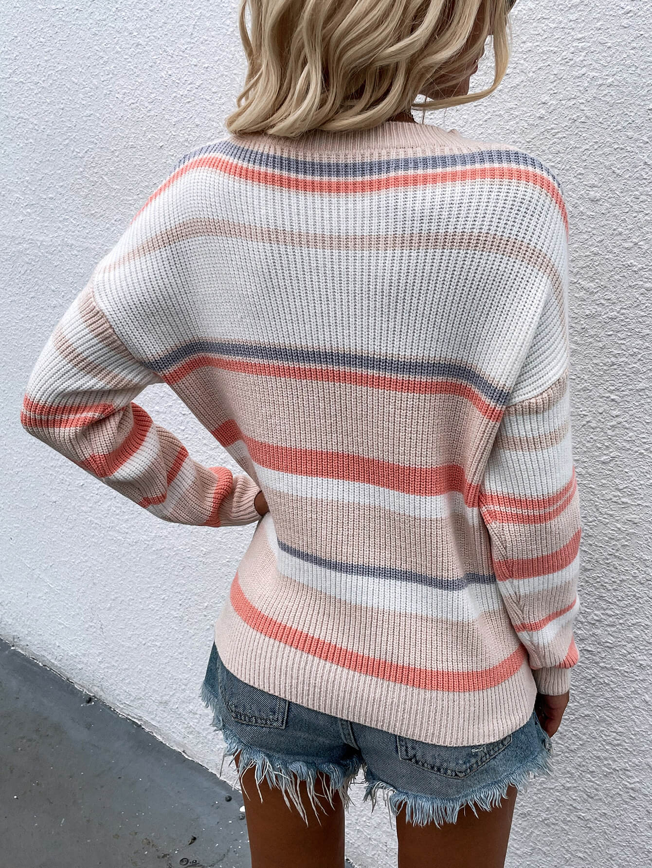 Striped Drop Shoulder Round Neck Pullover Sweater - Tantalize Boutique