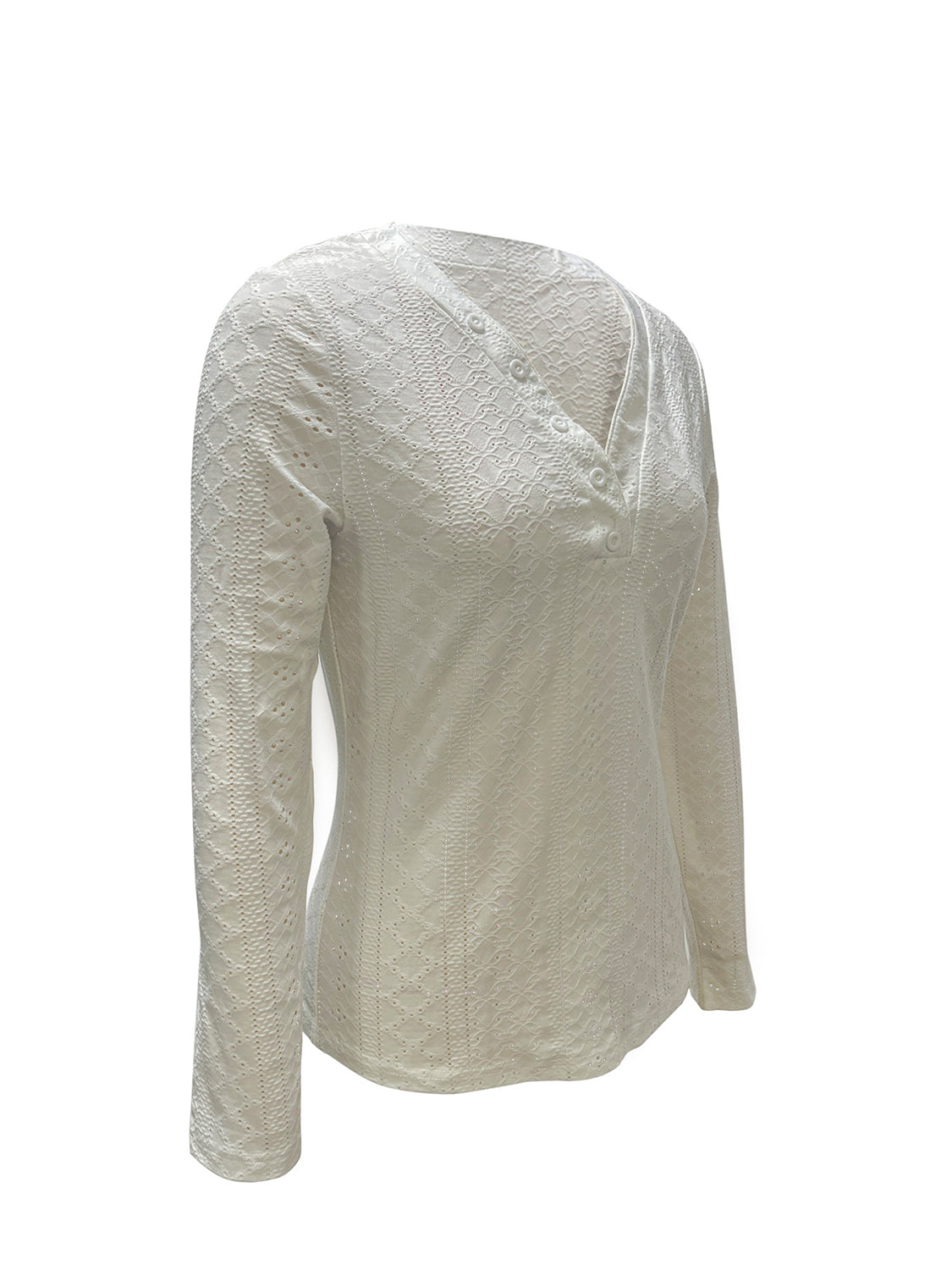 Eyelet Decorative Button V-Neck Blouse - Tantalize Boutique