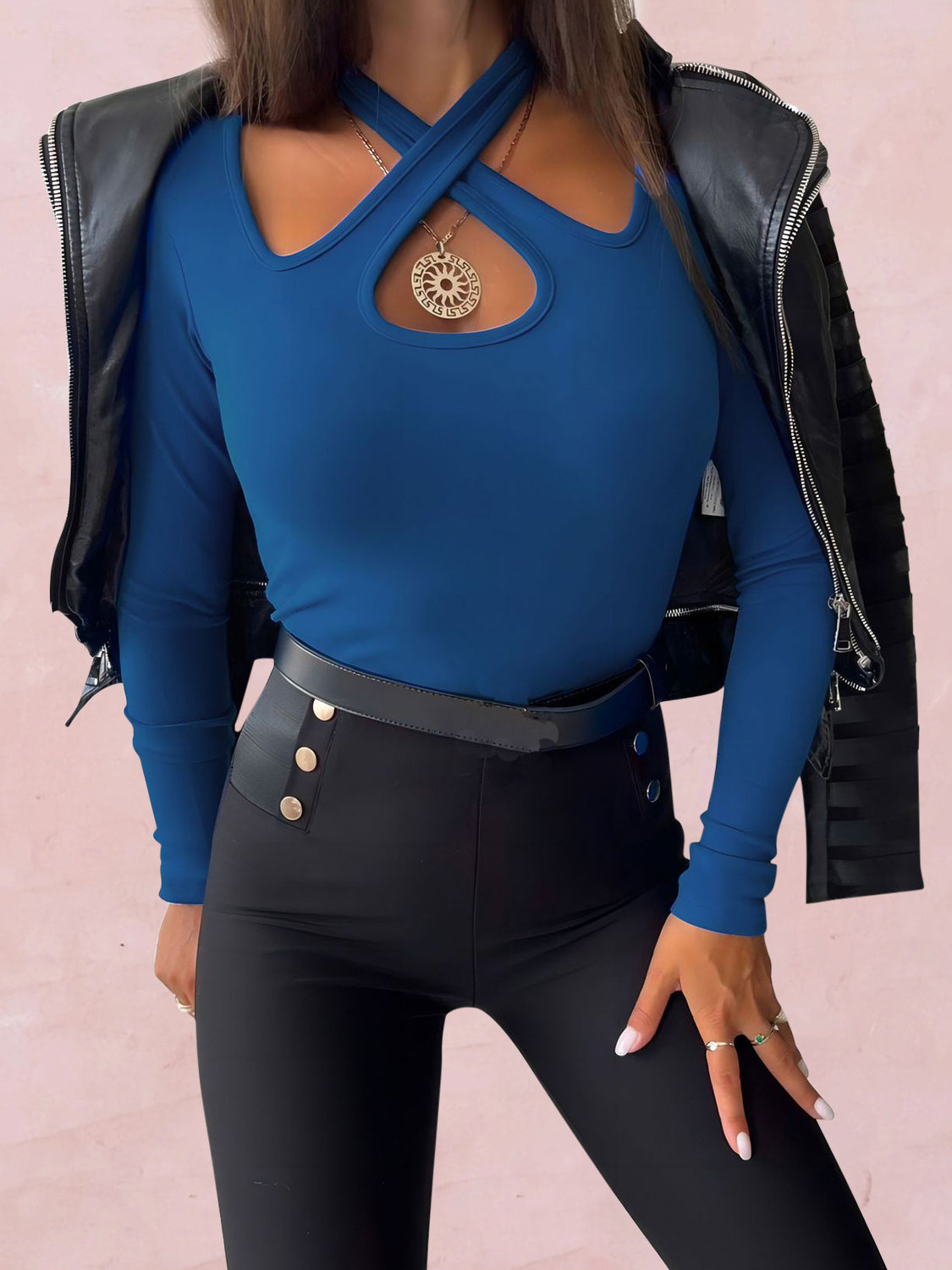 Crisscross Halter Neck Long Sleeve T-Shirt - Tantalize Boutique