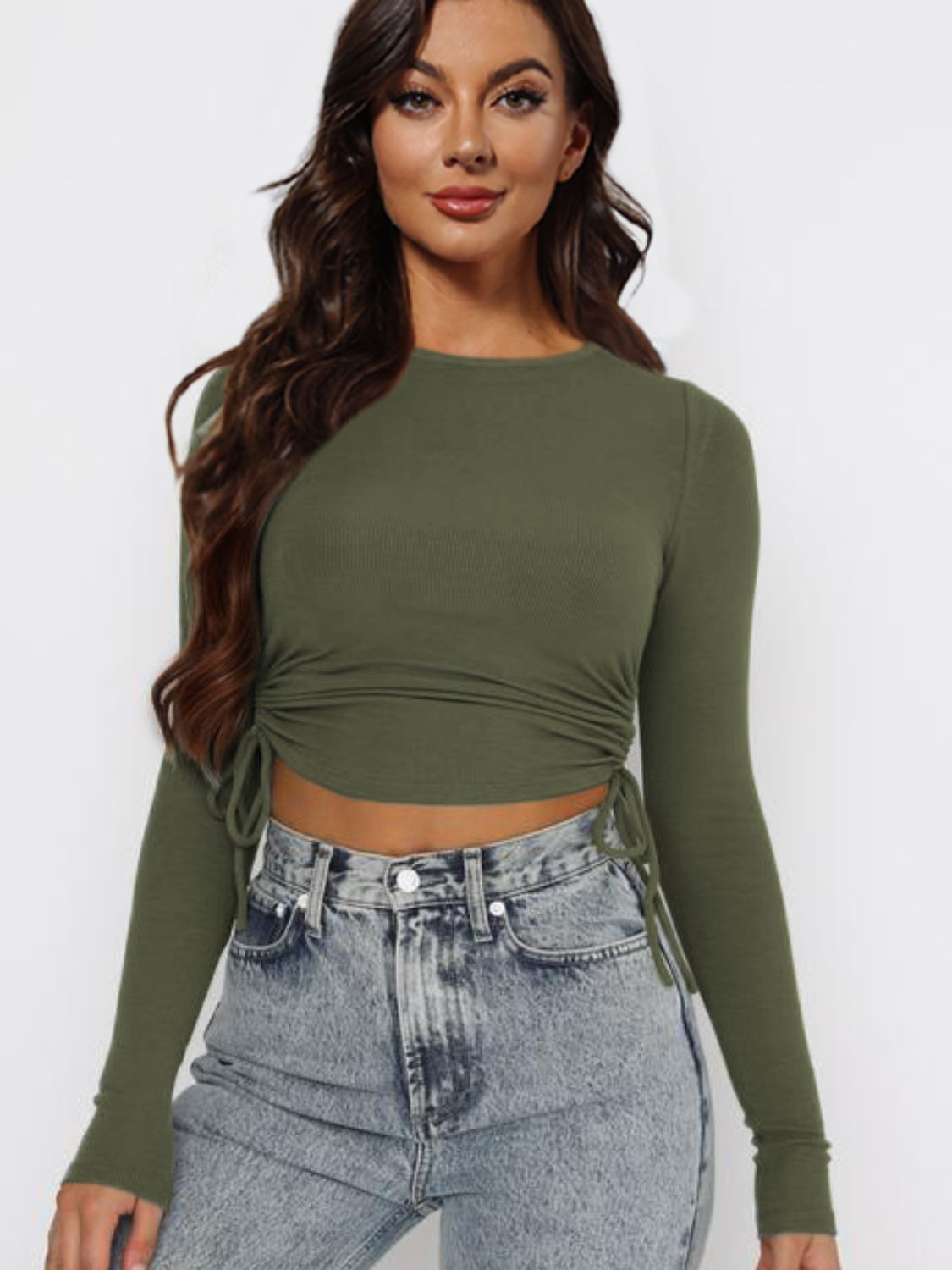 Drawstring Round Neck Long Sleeve Top - Tantalize Boutique