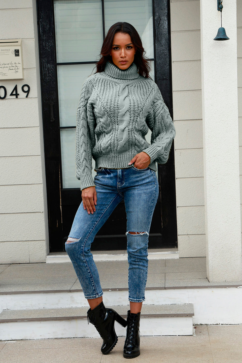Cable-Knit Turtleneck Long Sleeve Sweater - Tantalize Boutique