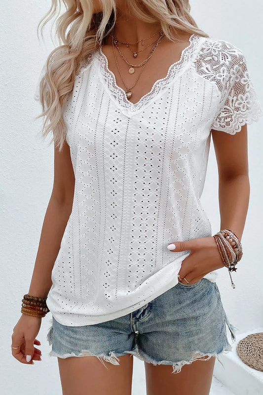 Eyelet Lace Detail V-Neck T-Shirt - Tantalize Boutique