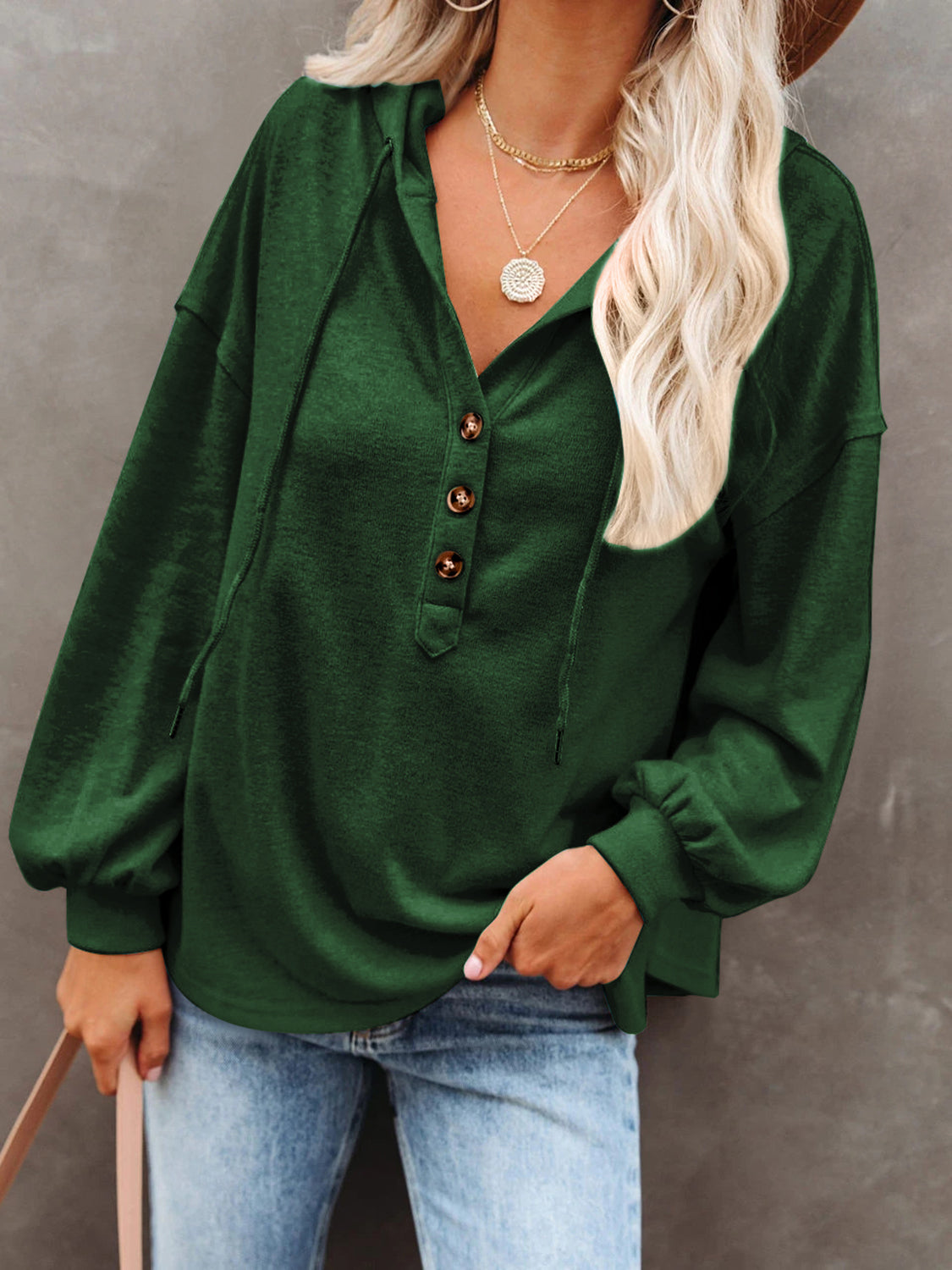 Buttoned Drop Shoulder Hoodie - Tantalize Boutique