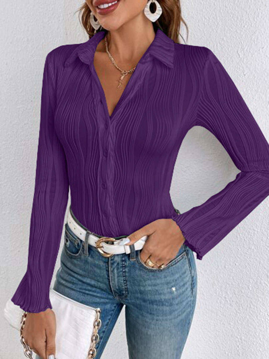 Collared Neck Long Sleeve Shirt - Tantalize Boutique