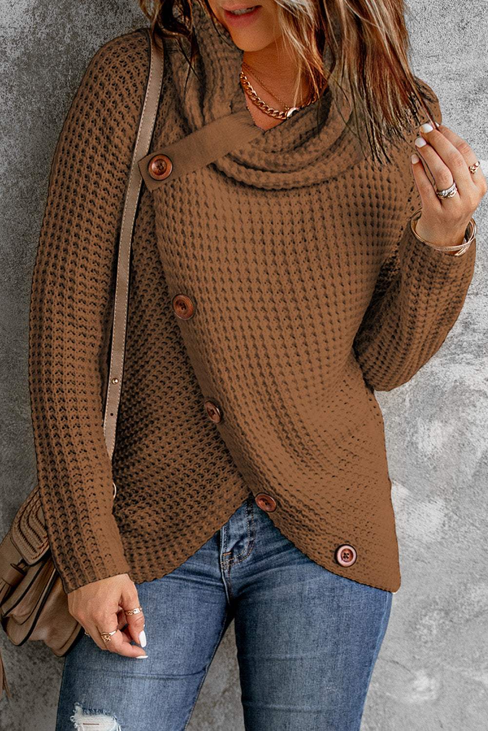 Decorative Button Mock Neck Sweater - Tantalize Boutique