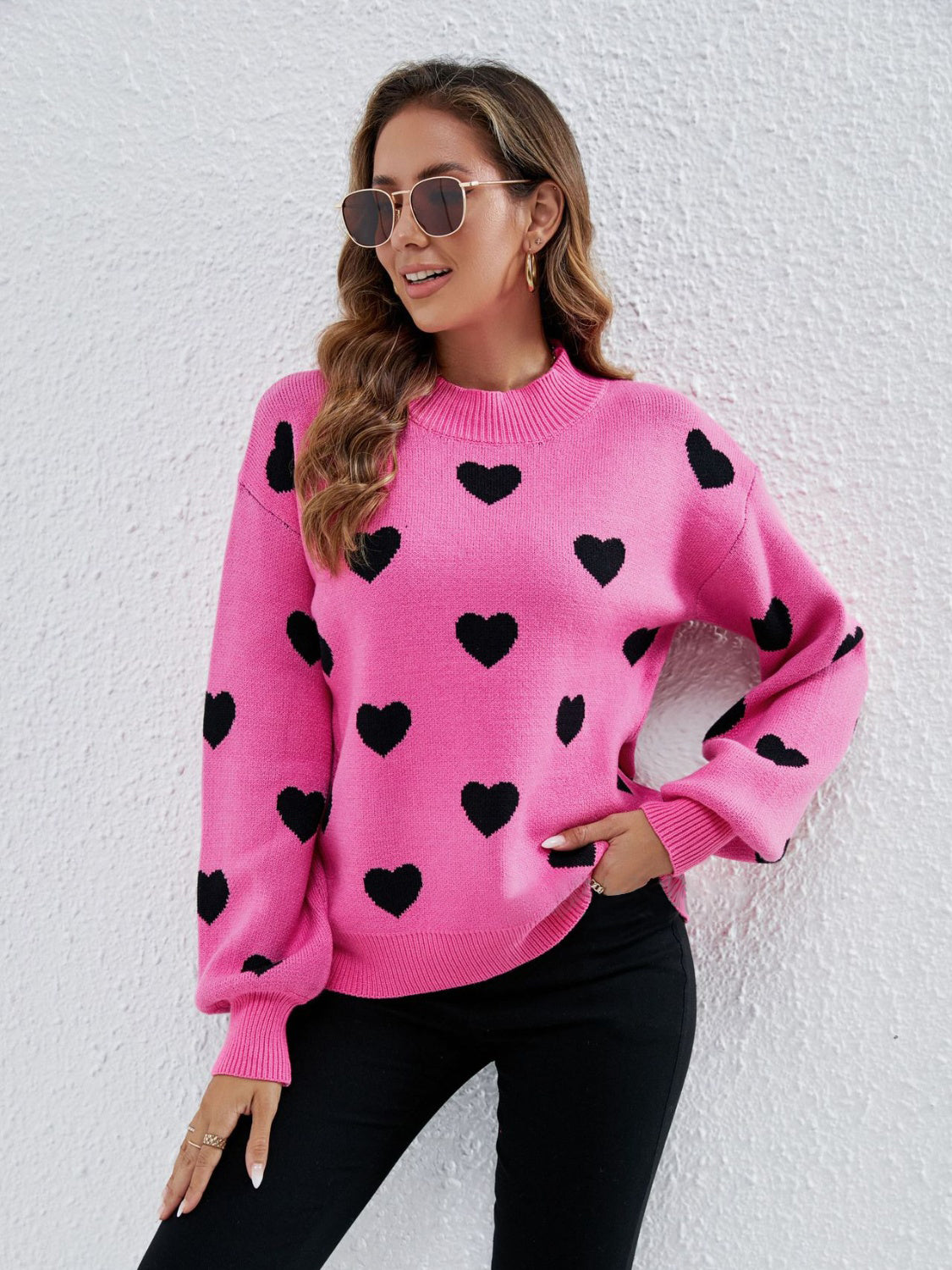 Heart Round Neck Dropped Shoulder Sweater - Tantalize Boutique
