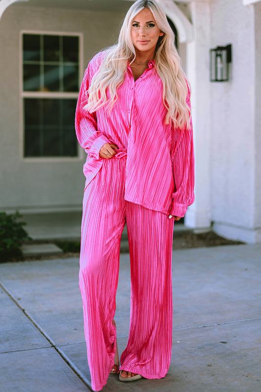 Pleated Button Up Shirt and Wide-Leg Pants Set - Tantalize Boutique
