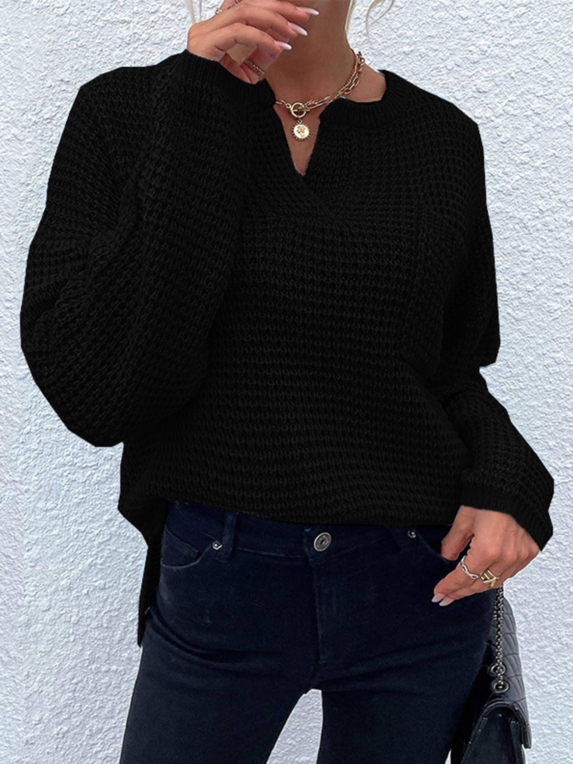 Notched Long Sleeve Sweater - Tantalize Boutique