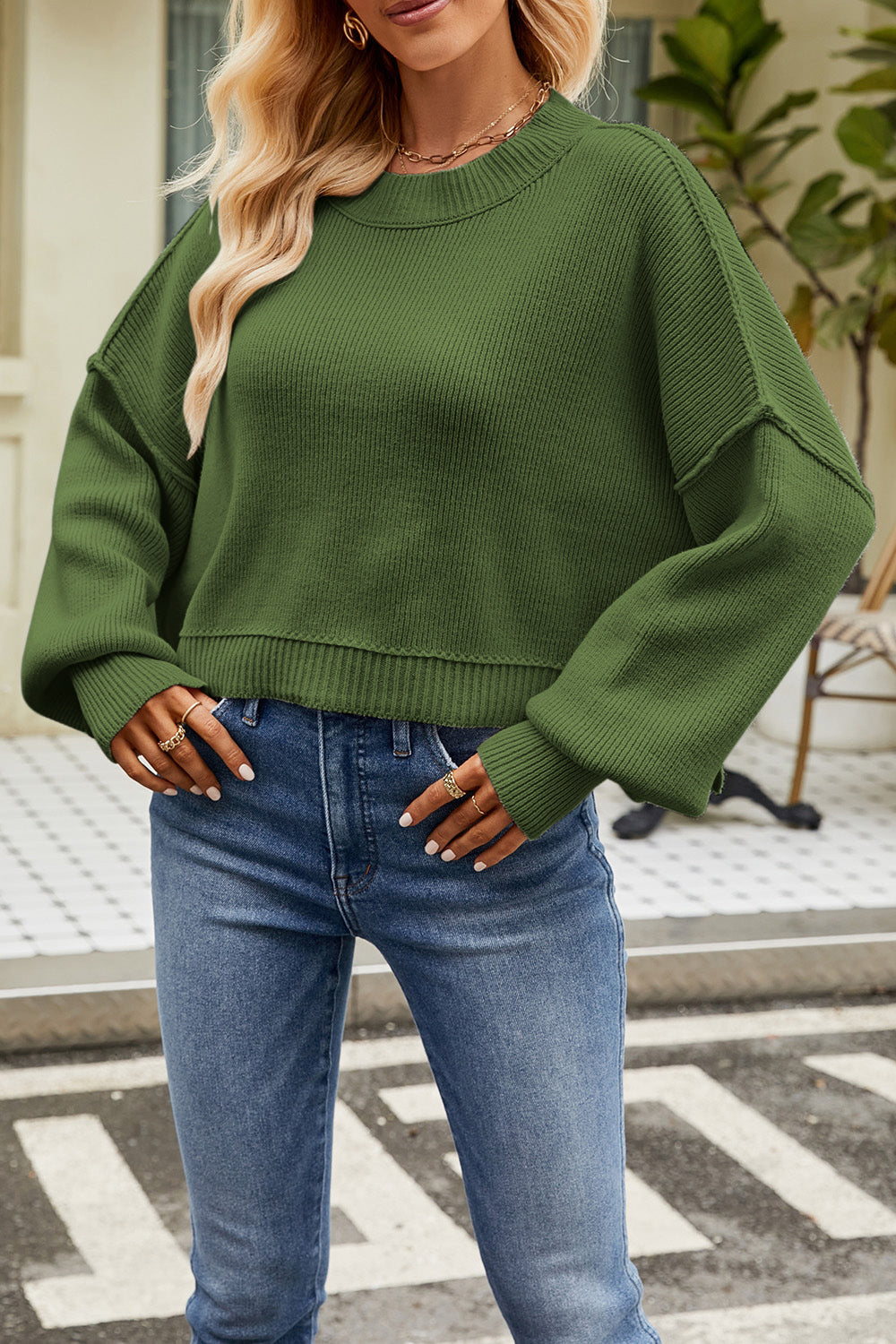 Round Neck Dropped Shoulder Sweater - Tantalize Boutique