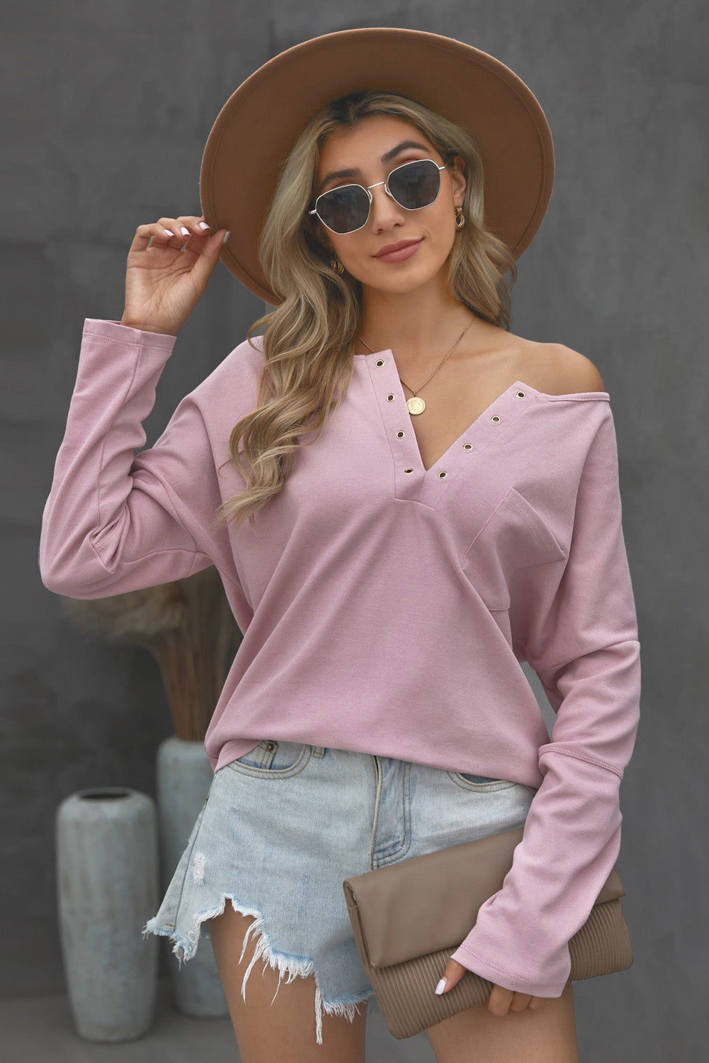 Grommet Long Sleeve V-Neck Top - Tantalize Boutique