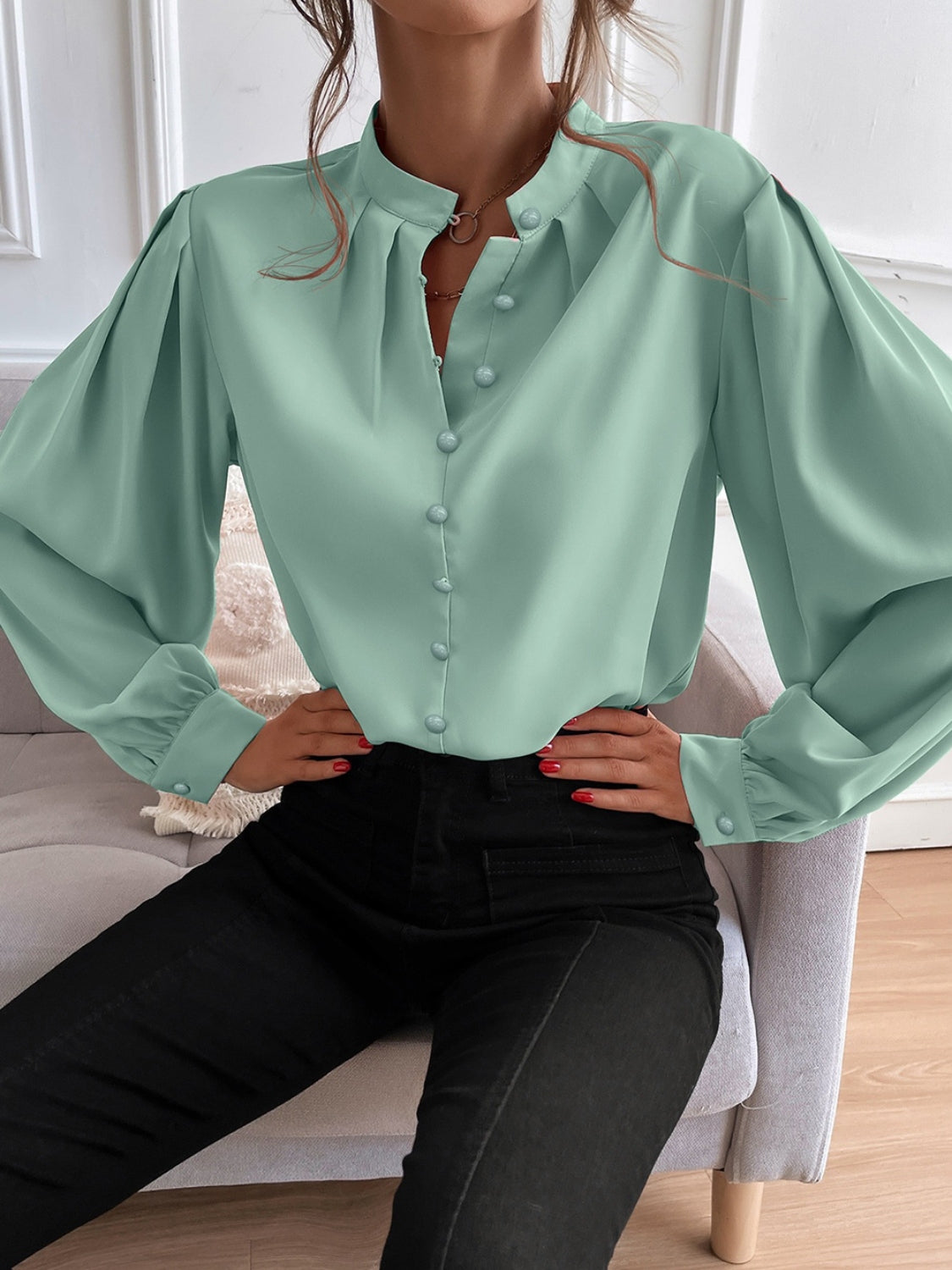 Mock Neck Button Front Shirt - Tantalize Boutique