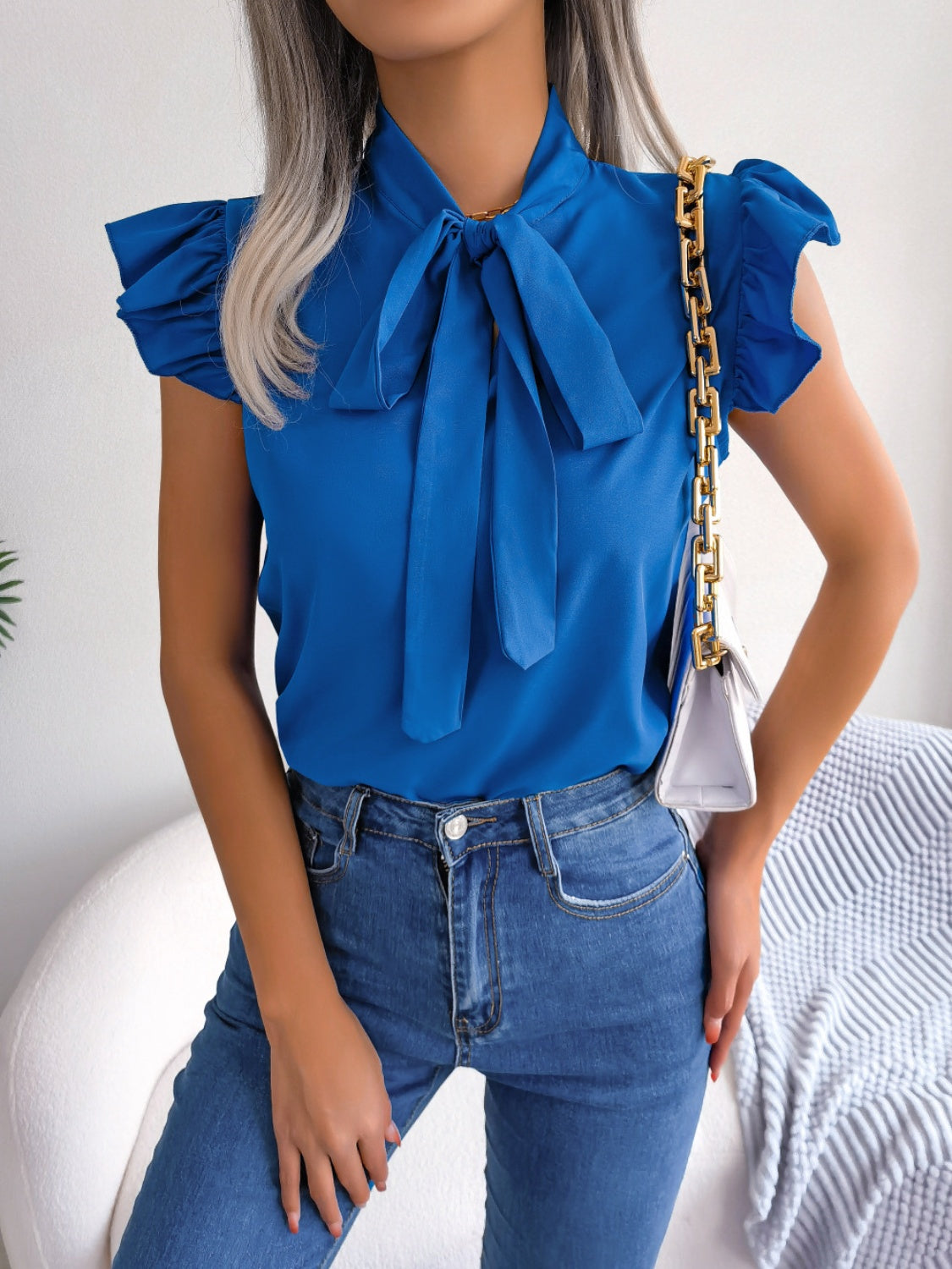 Tie  Neck Cap Sleeve Blouse - Tantalize Boutique