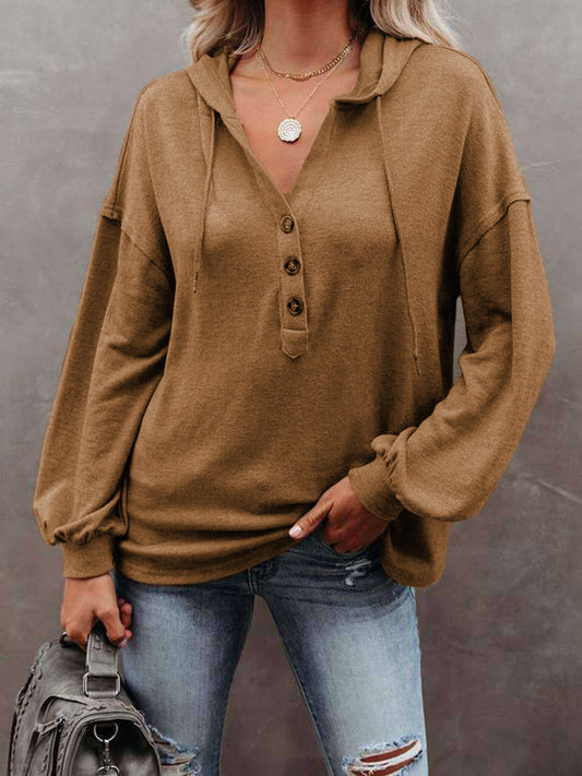 Buttoned Drop Shoulder Hoodie - Tantalize Boutique