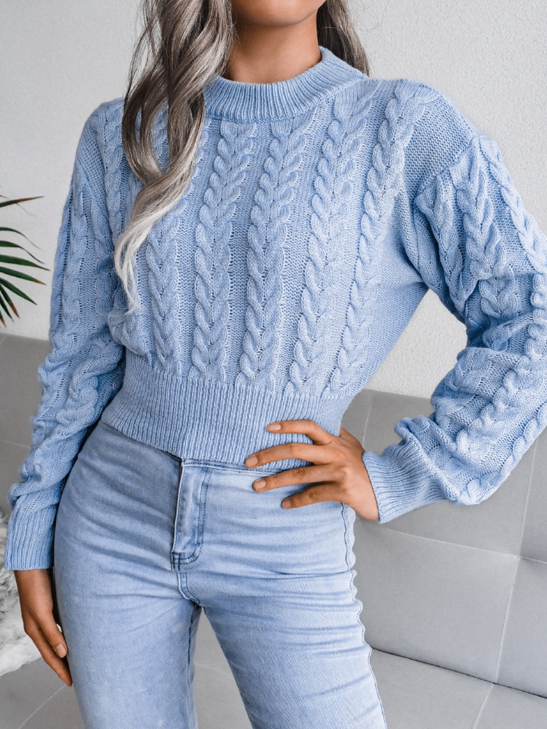 Cable-Knit Round Neck Sweater - Tantalize Boutique
