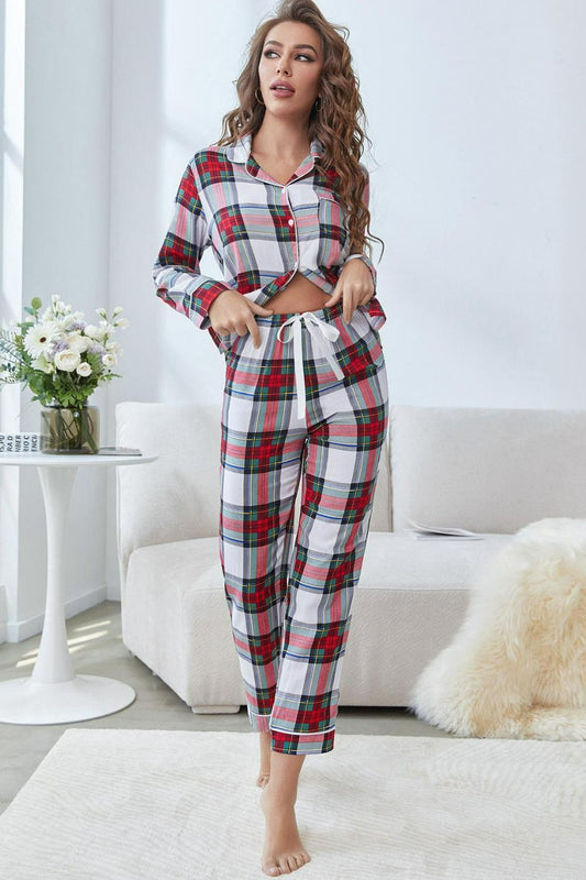 Plaid Button Front Top and Pants Lounge Set - Tantalize Boutique