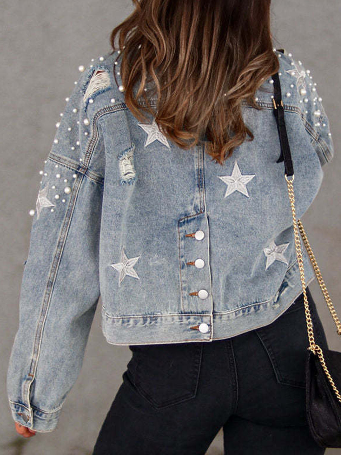 Pearl Trim Button Up Denim Jacket with Pockets - Tantalize Boutique