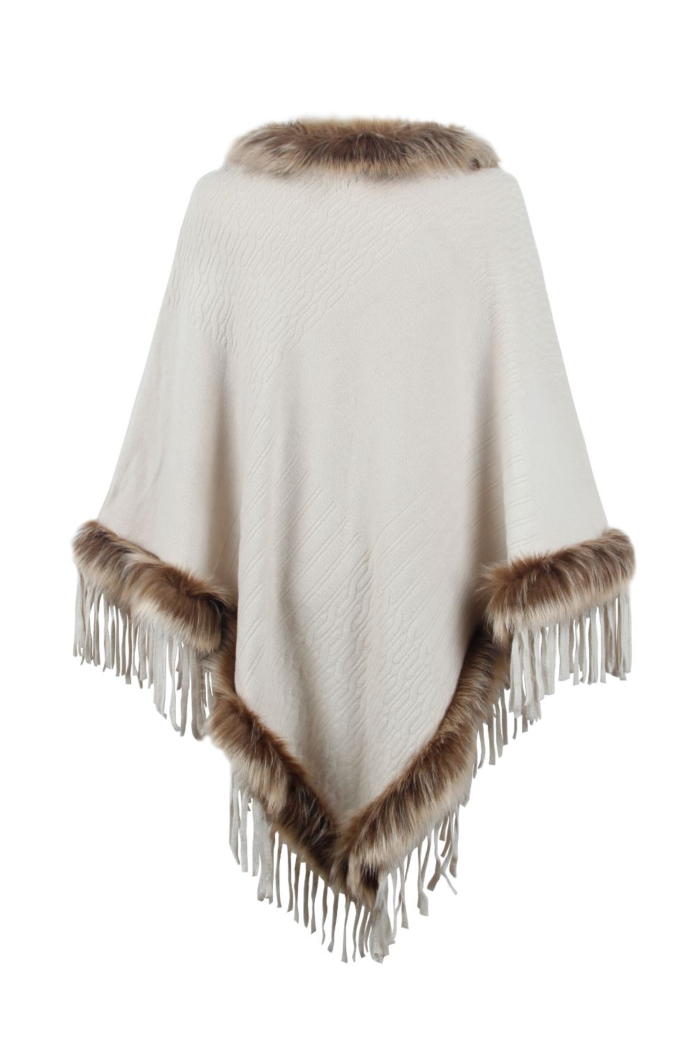 Faux Fur Trim Fringed Poncho - Tantalize Boutique