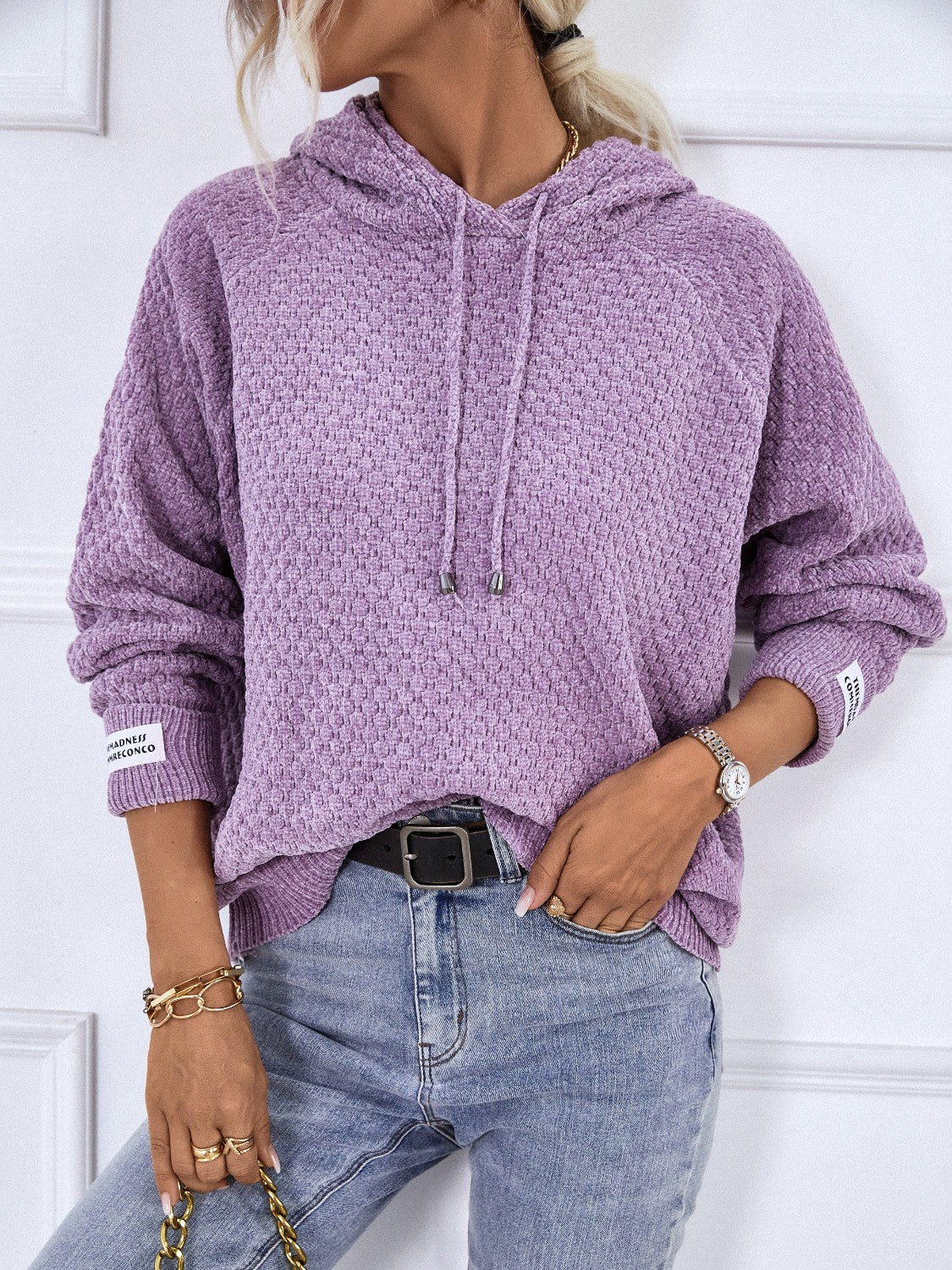 Texture Drawstring Long Sleeve Hooded Sweater - Tantalize Boutique