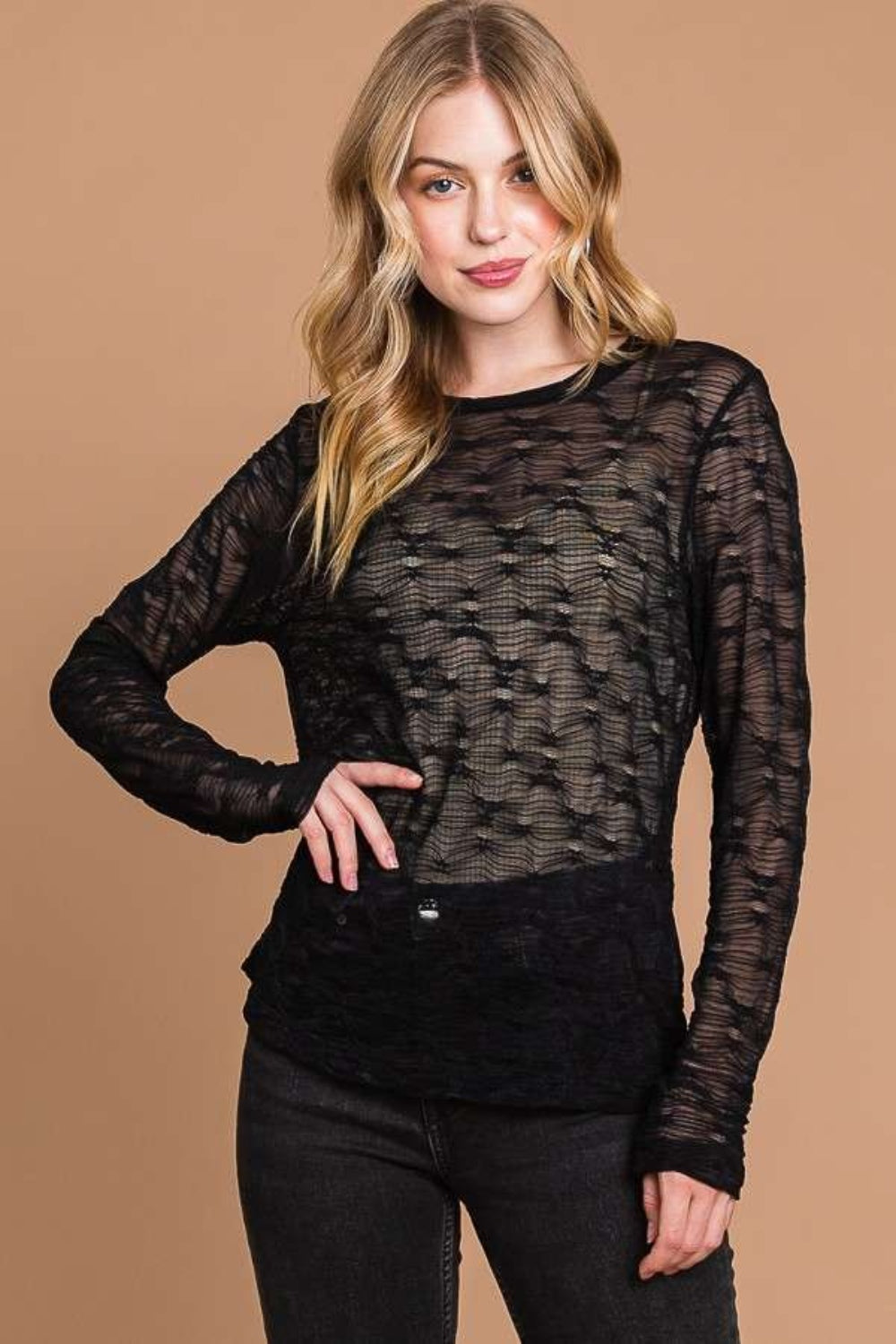 Culture Code Full Size Round Neck Mesh Perspective Top - Tantalize Boutique