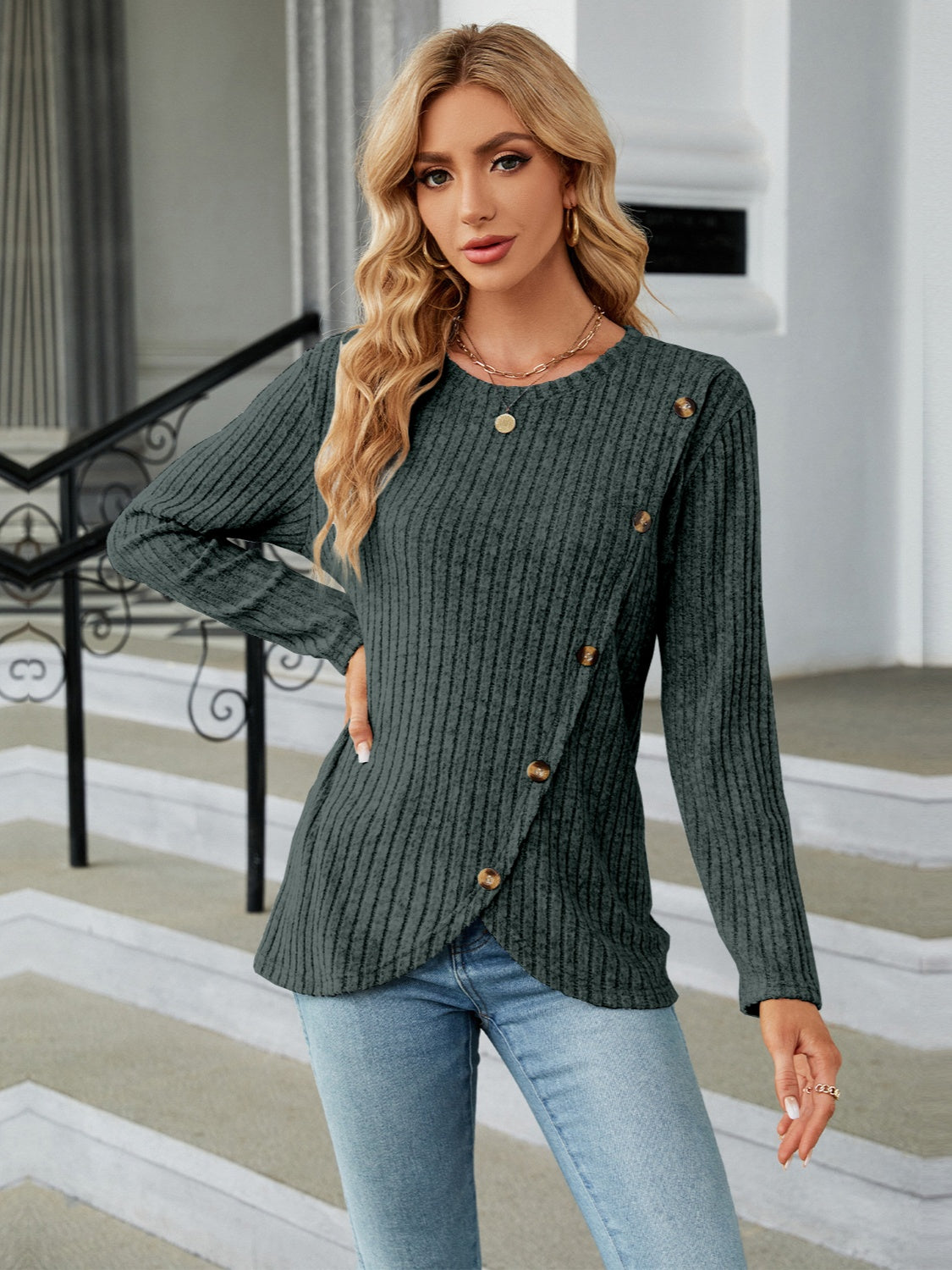 Round Neck Long Sleeve Blouse - Tantalize Boutique